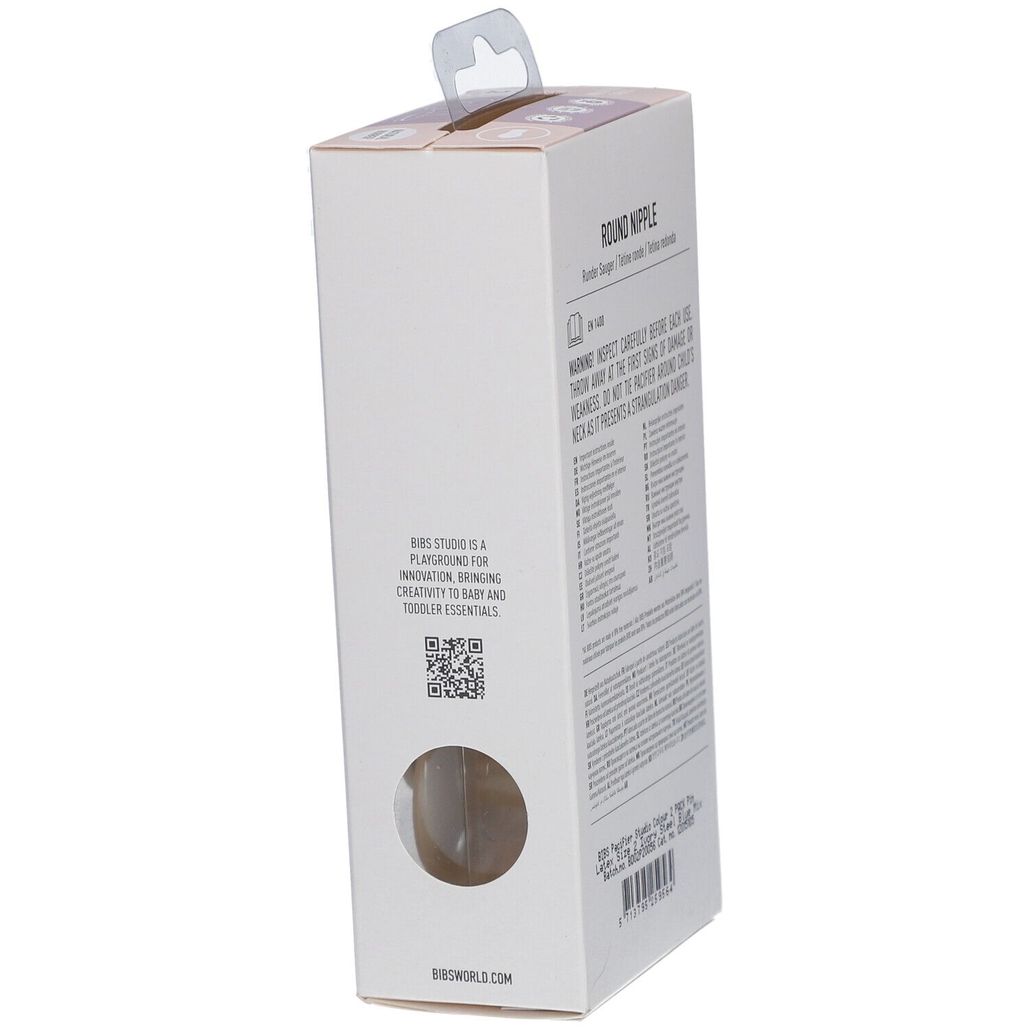Rückseite der BIBS Colour Schnuller-Packung. Informationen und QR-Code. Sichtfenster.