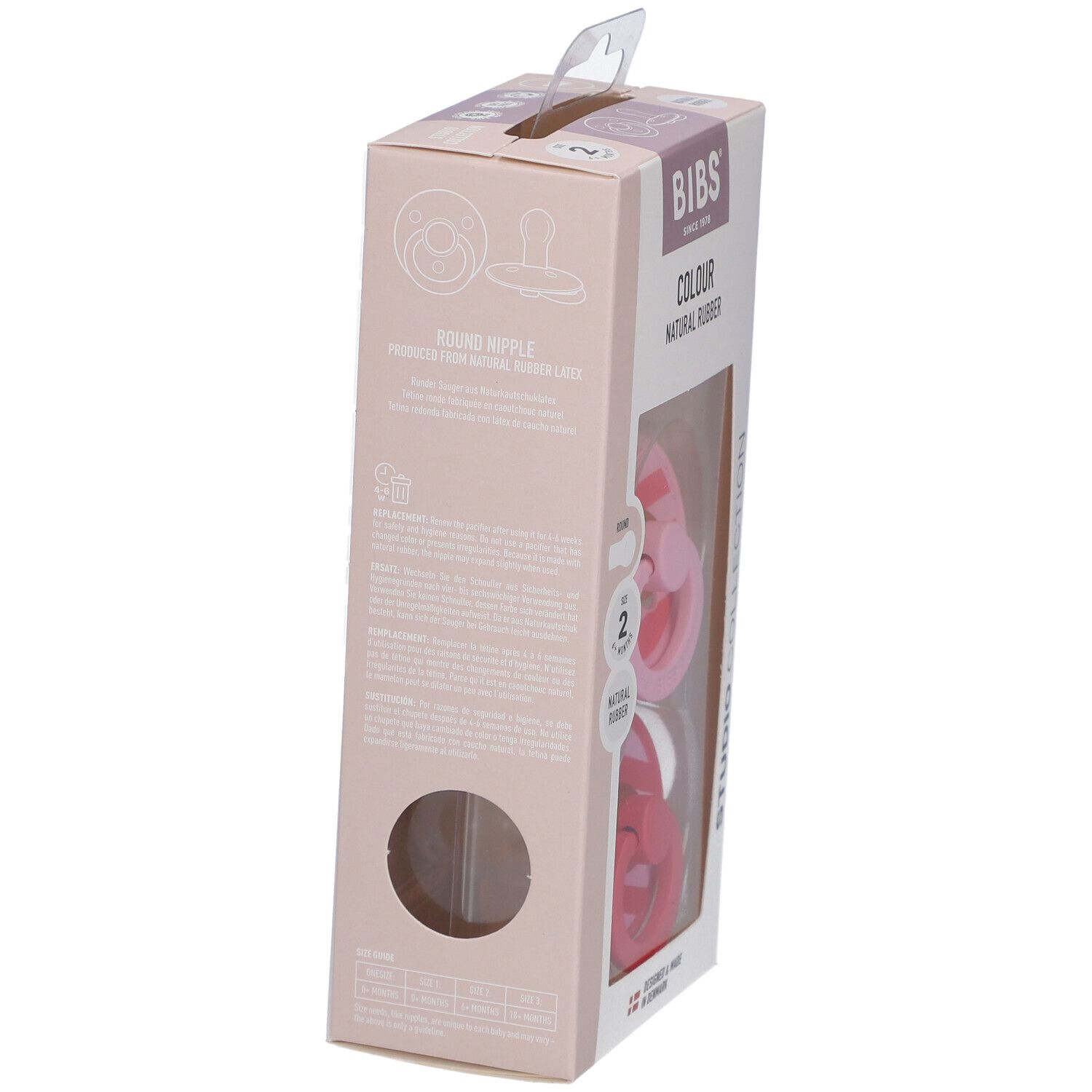 Verpackung mit zwei Schnullern. Rosa und rot gestreift. BIBS-Logo. Naturgummi. Ab 6 Monaten. Seitenansicht.