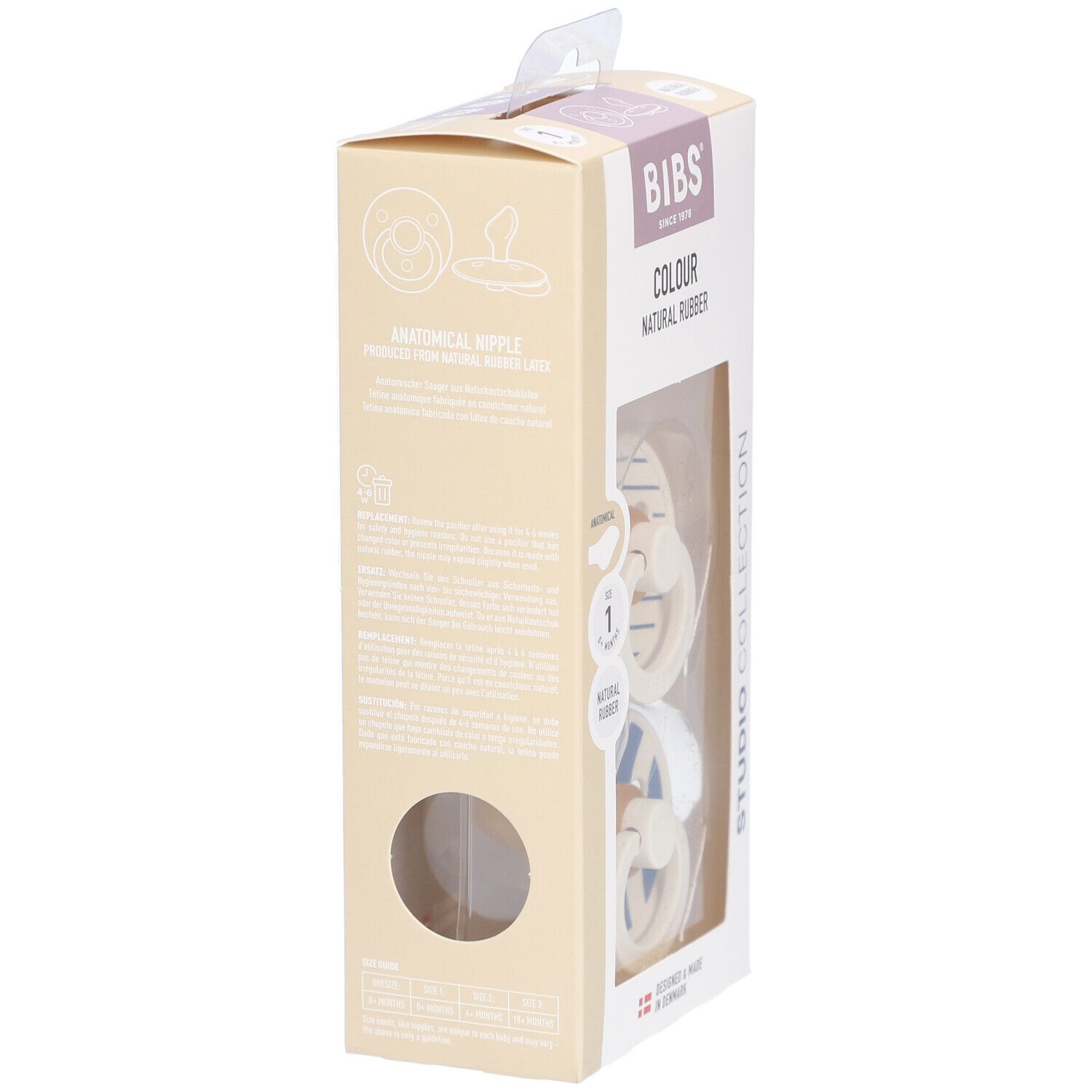 Seitenansicht der Verpackung. BIBS-Logo, 'COLOUR', 'NATURAL RUBBER'. Anatomischer Sauger. Informationen zur Verwendung.