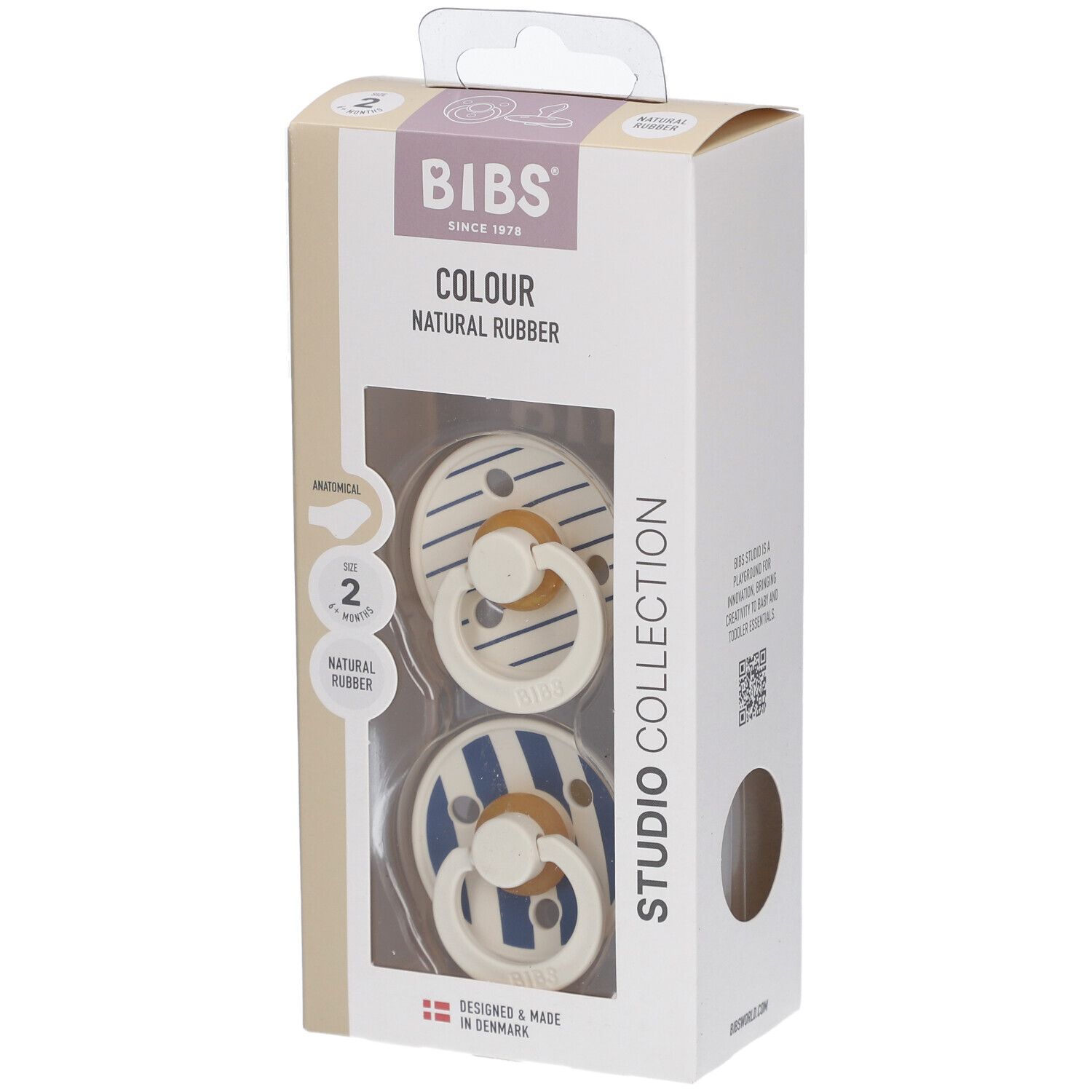 Verpackung mit zwei Schnullern. Elfenbein und blau gestreift. Anatomisch, ab 6 Monaten.
