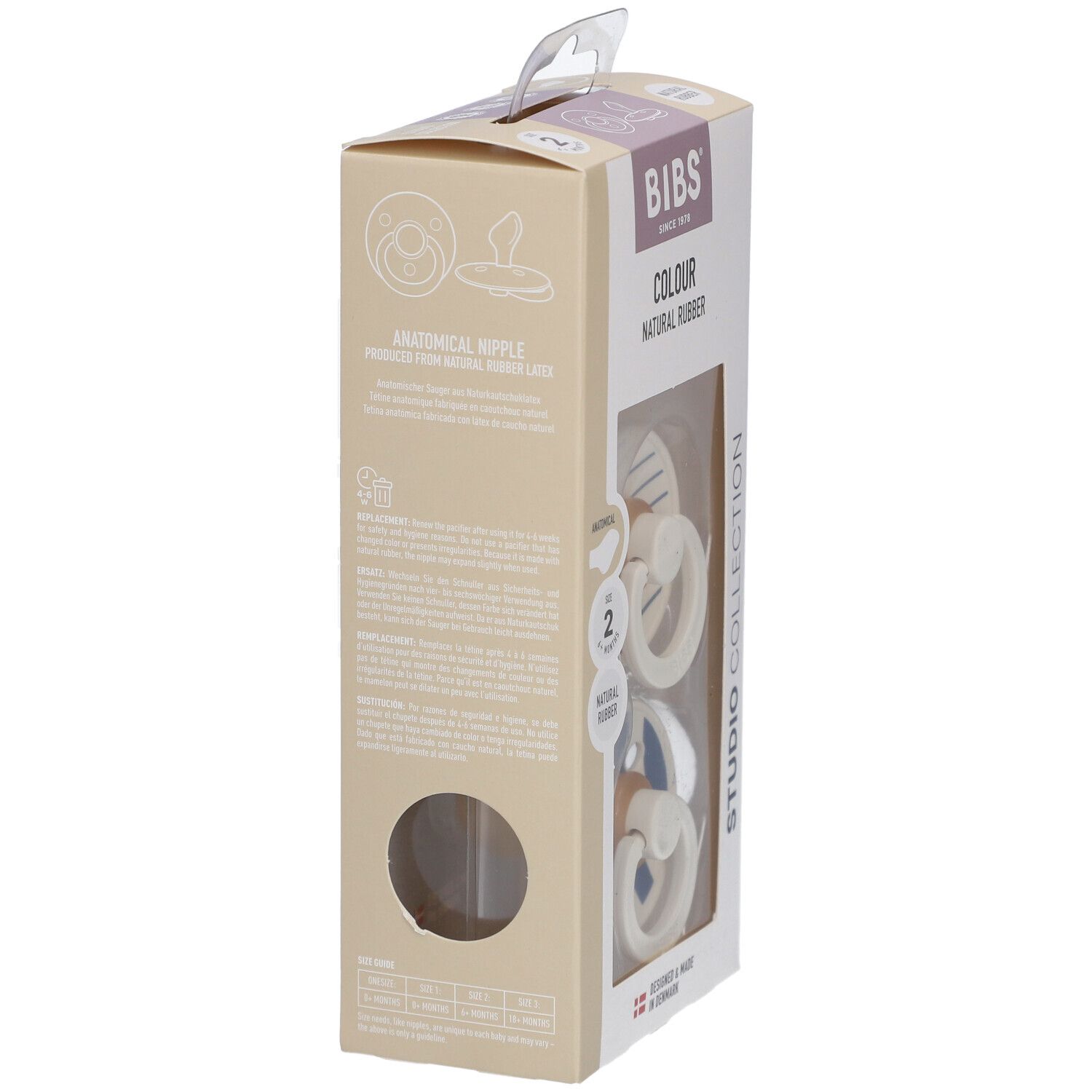 Verpackung mit zwei Schnullern. Elfenbein und blau gestreift. Anatomisch, ab 6 Monaten.