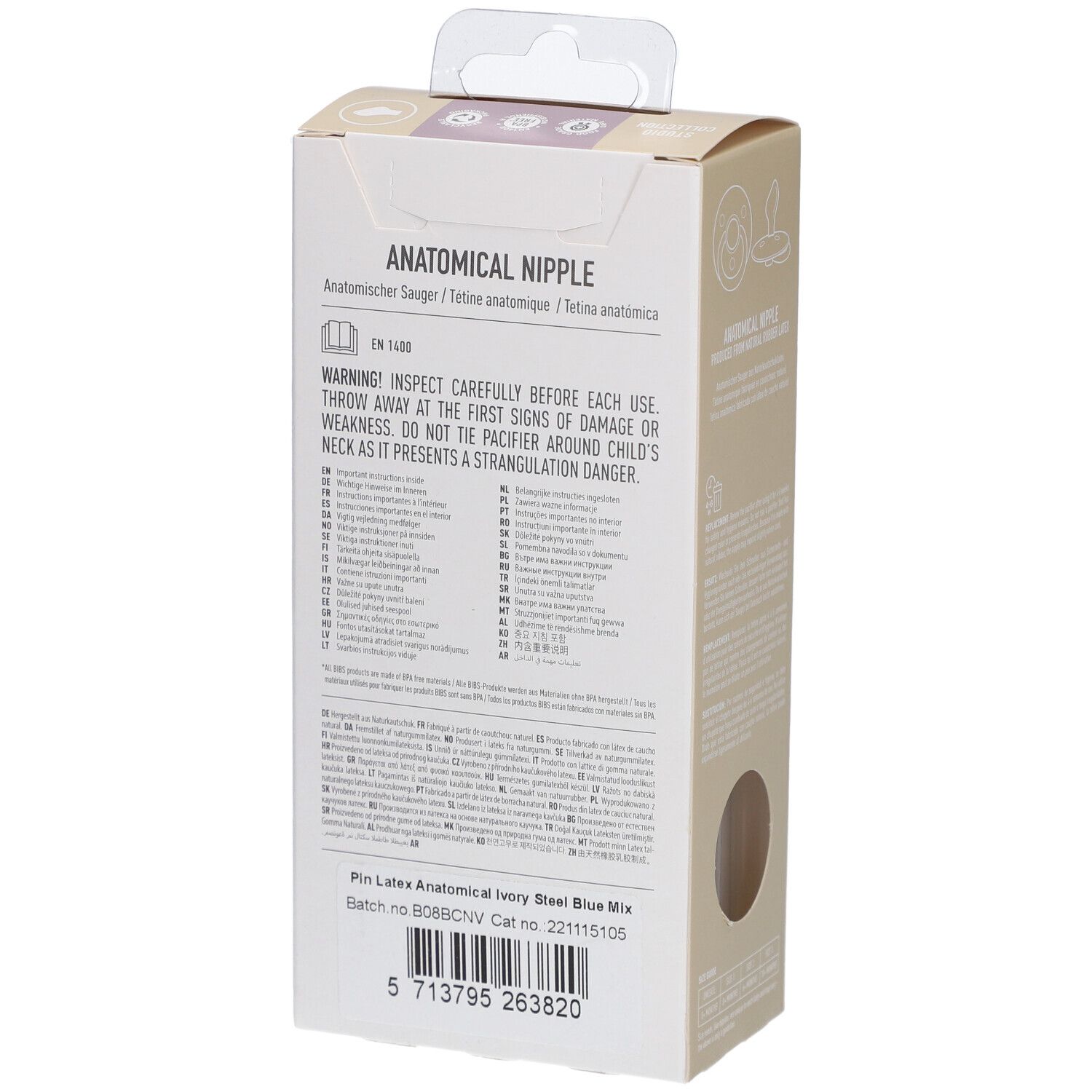 Rückseite der Verpackung. Anatomischer Sauger. Warnhinweis. Informationen zur Verwendung.