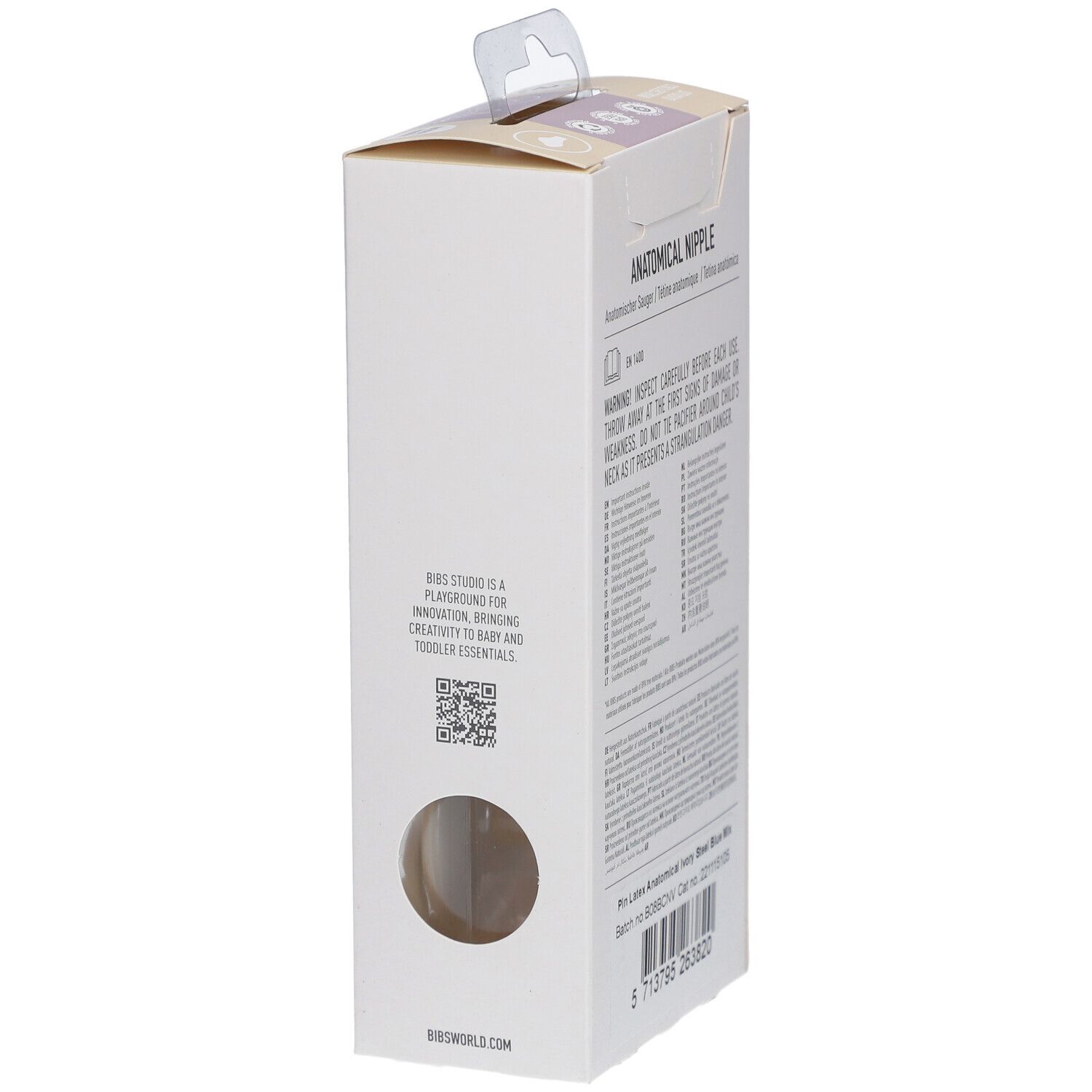 Rückseite der Verpackung. Anatomischer Sauger. Warnhinweis. Informationen zur Verwendung.