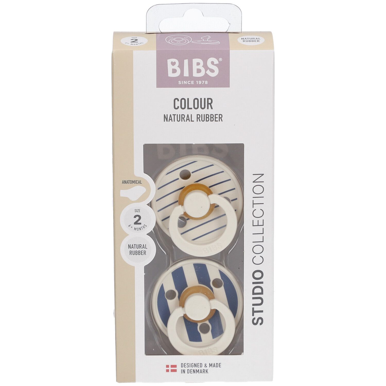 Verpackung mit zwei Schnullern. Elfenbein und blau gestreift. Anatomisch, ab 6 Monaten.