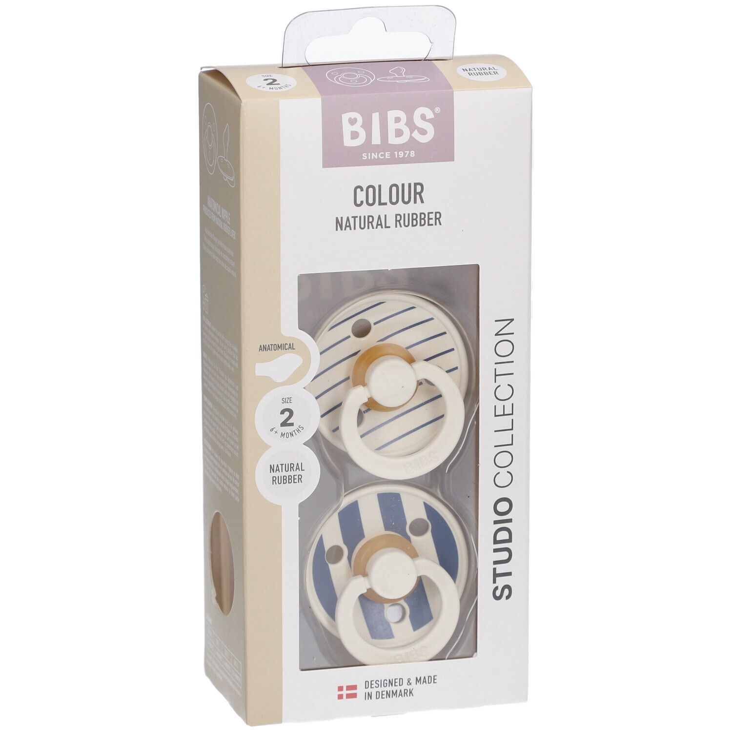 Verpackung mit zwei Schnullern. Elfenbein und blau gestreift. Anatomisch, ab 6 Monaten.