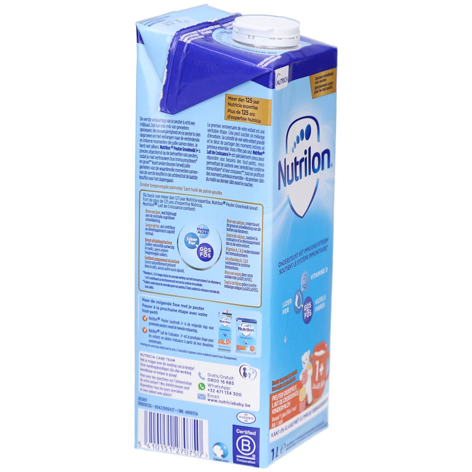 Rückseite der Milchpackung Nutrilon 1+. Enthält Informationen zu Inhaltsstoffen und Nährwerten. FSC-Zertifizierung.