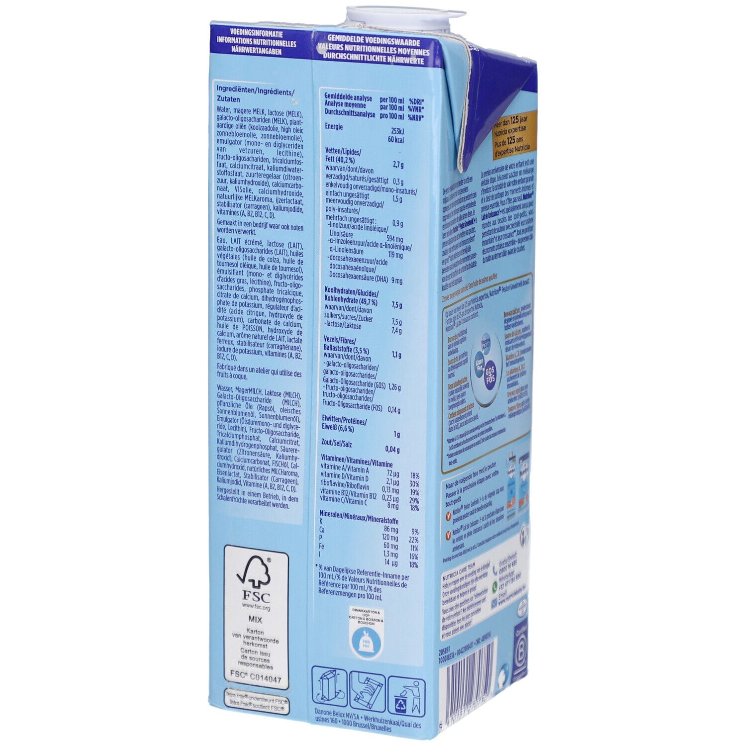 Rückseite der Milchpackung Nutrilon 1+. Anweisungen zur Zubereitung. FSC-Zertifizierung.