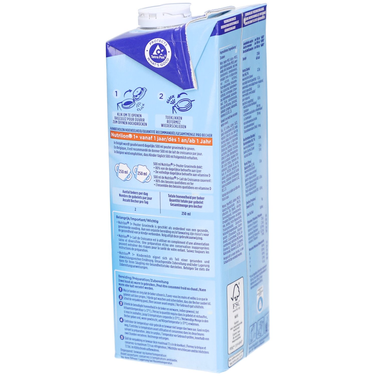 Milchpackung Nutrilon 1+. Blaue Verpackung mit weißem Deckel. Enthält Eisen, GOS/FOS und Vitamin D. 1L.
