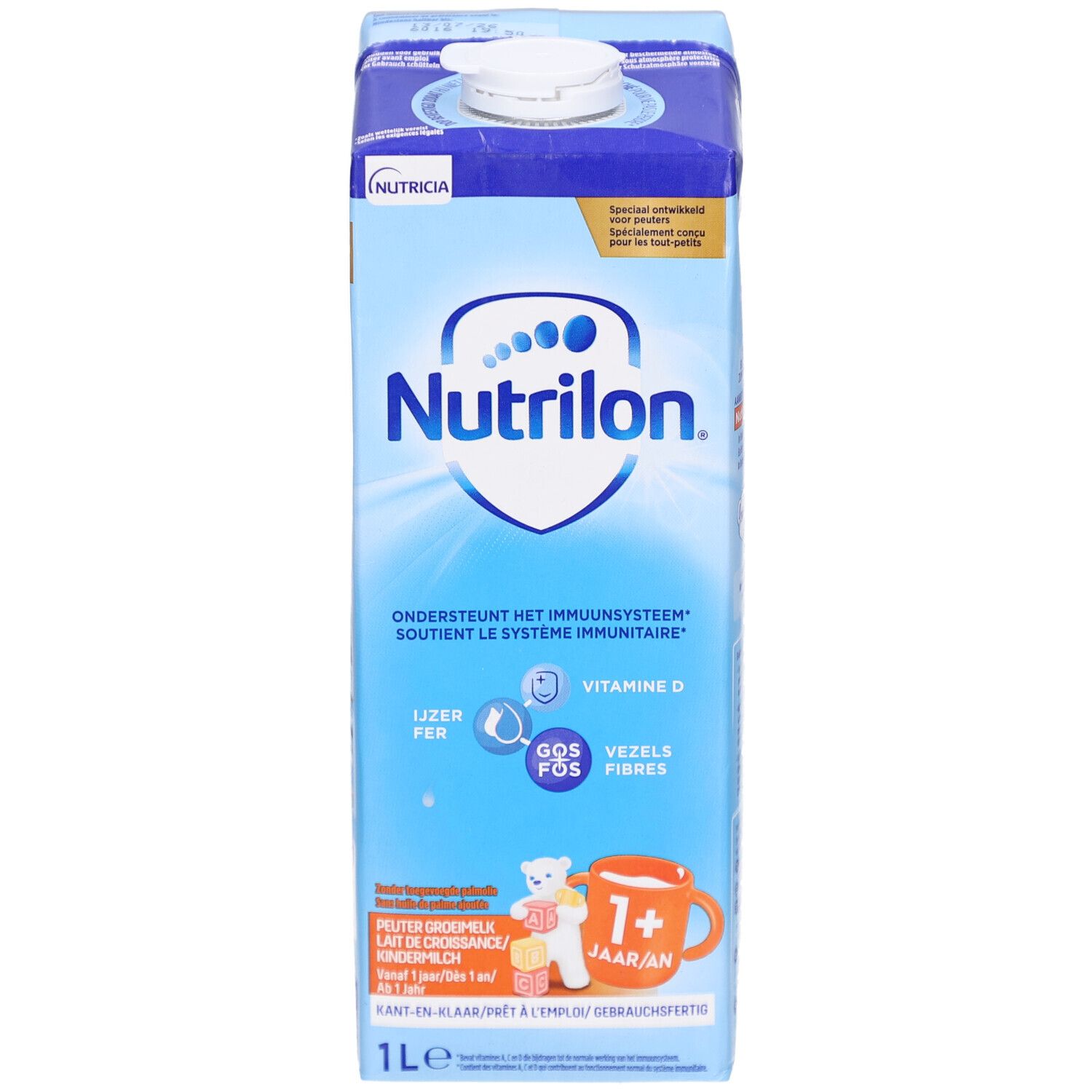 Milchpackung Nutrilon 1+. Blaue Verpackung mit weißem Deckel. Enthält Eisen, GOS/FOS und Vitamin D. 1L.