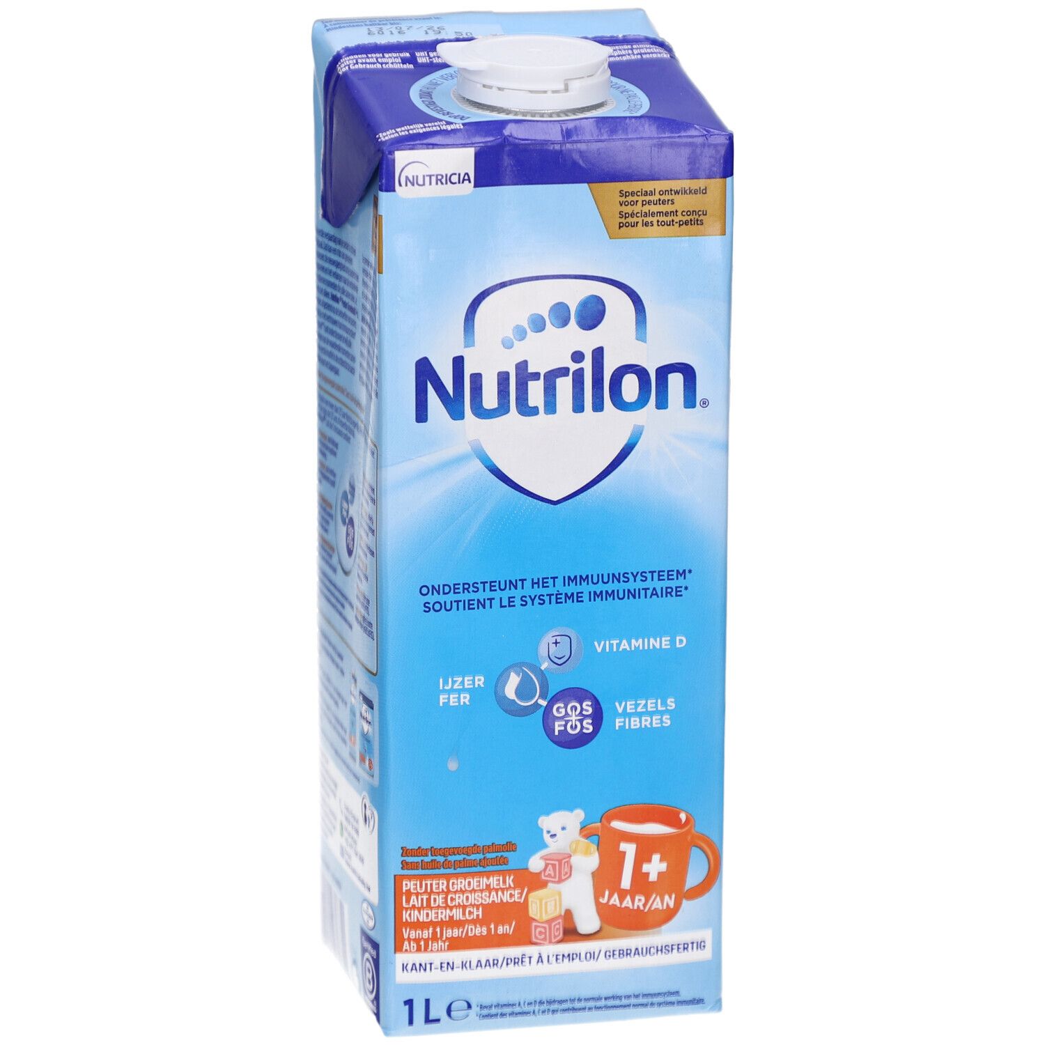 Milchpackung Nutrilon. Blaue Verpackung mit weißem Deckel. 1L. Für Kinder von 1-2 Jahren.