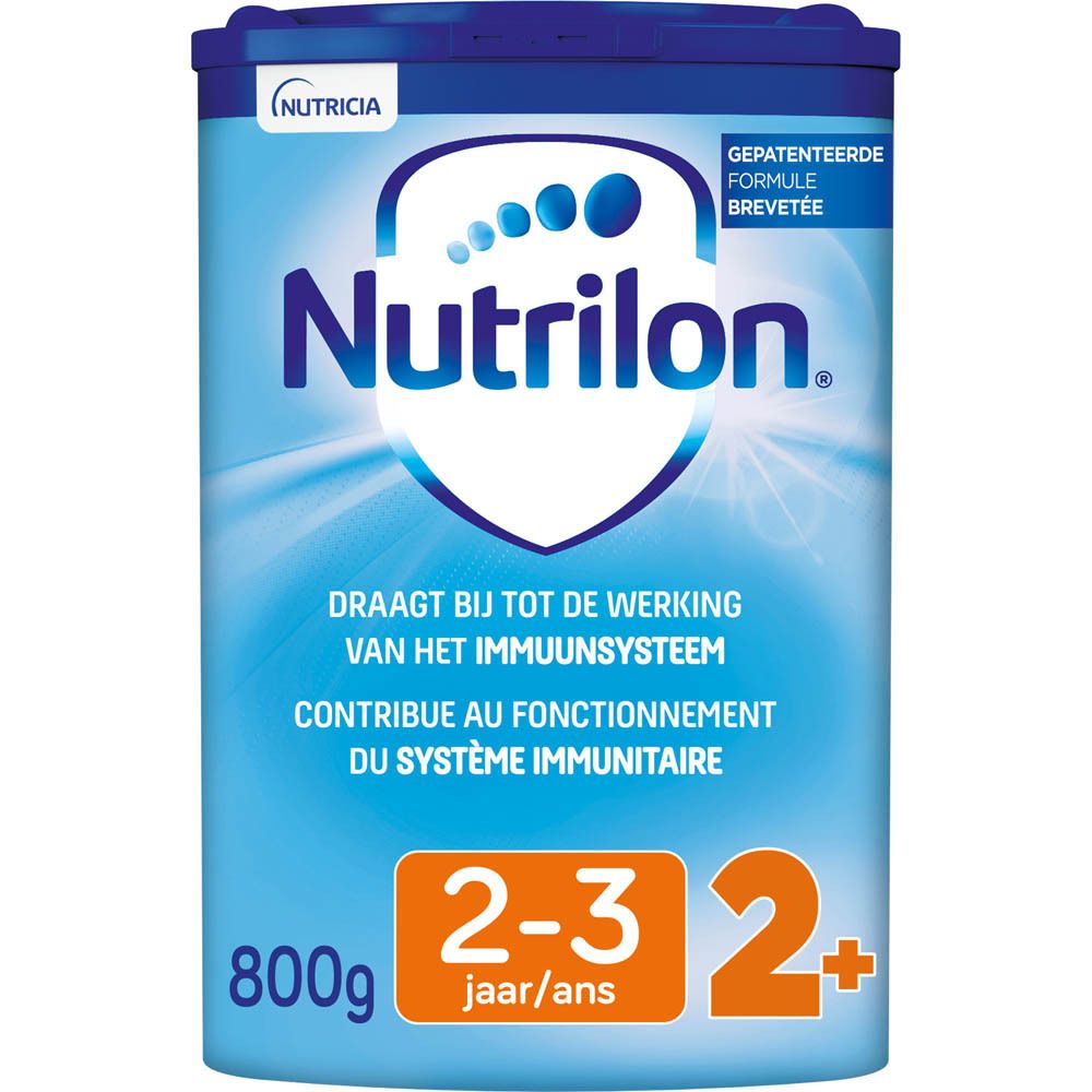 Boîte bleue Nutrilon 2+ Lait Croissance. Couvercle, logo, texte. 800g. 2-3 ans.