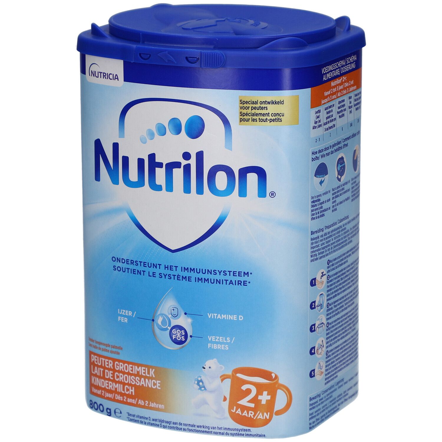 Blauwe Dose mit Nutrilon 2+ Lait Croissance. Deckel, Logo, Text. 800g. Unterstützt das Immunsystem.