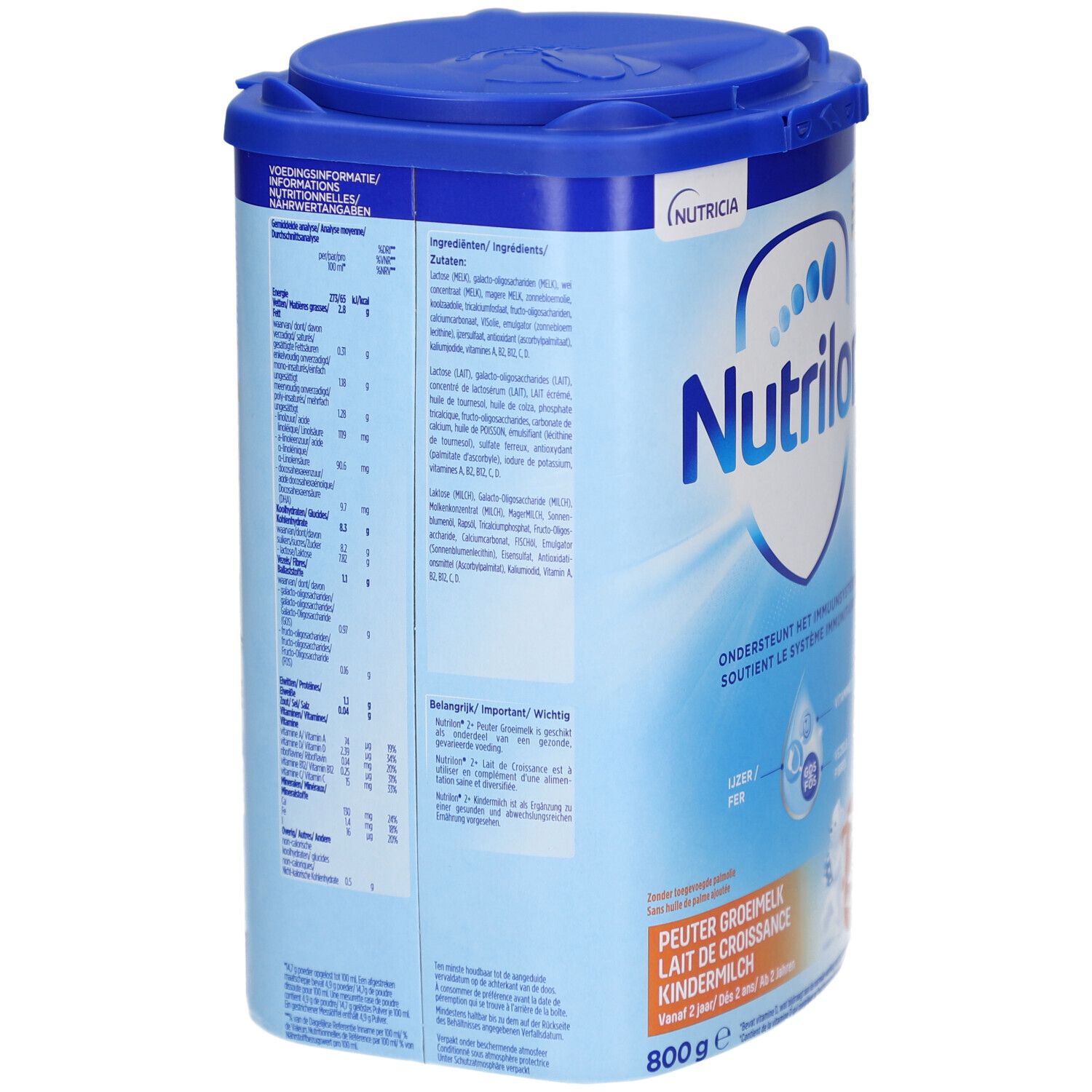 Rückseite der Dose Nutrilon 2+ Lait Croissance. Zutaten, Nährwertangaben, Text. 800g. Deckel.