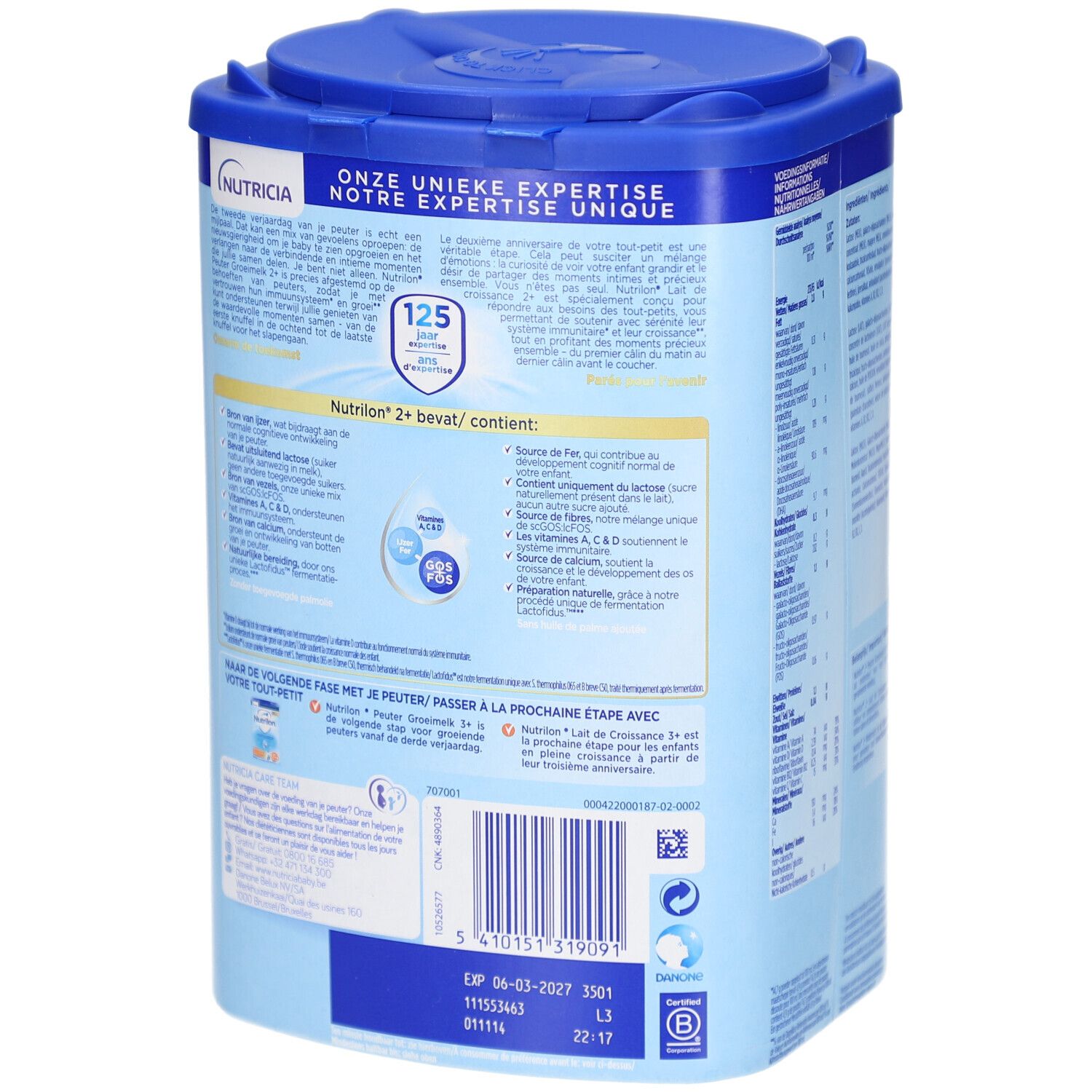 Rückseite der Dose Nutrilon 2+ Lait Croissance. Text, Informationen, Barcode, Haltbarkeit. Deckel.