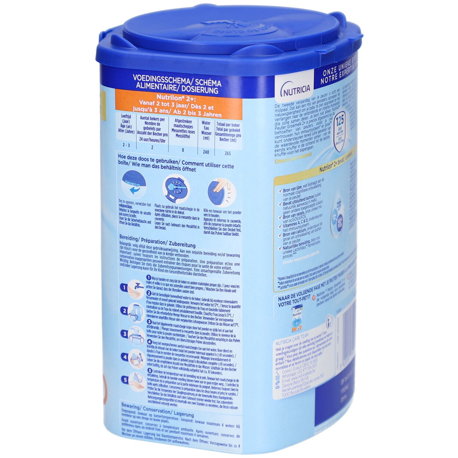 Rückseite der Dose Nutrilon 2+ Lait Croissance. Dosierung, Zubereitung, Text. Deckel.