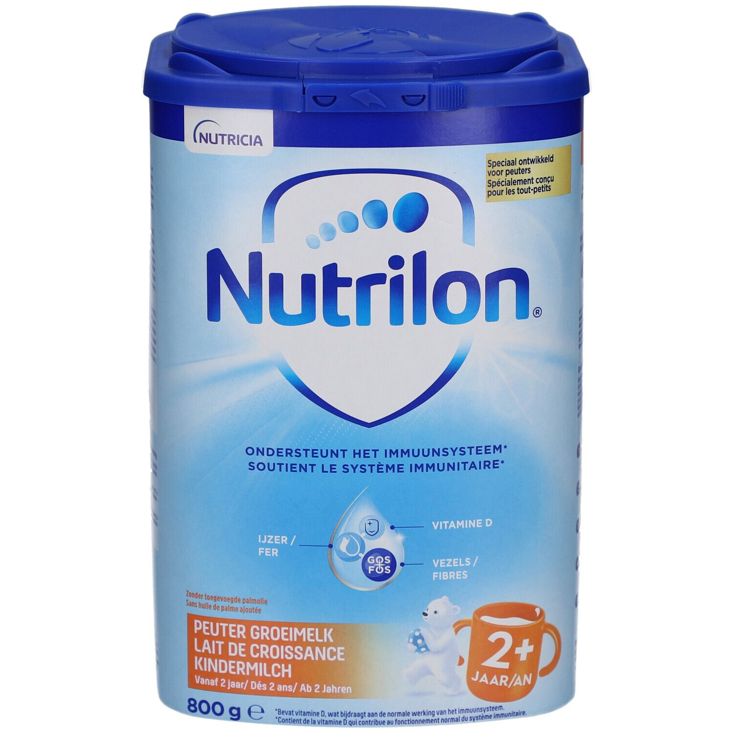 Blauwe Dose Nutrilon 2+ Lait Croissance. Deckel, Logo, Text. 800g. Unterstützt das Immunsystem.