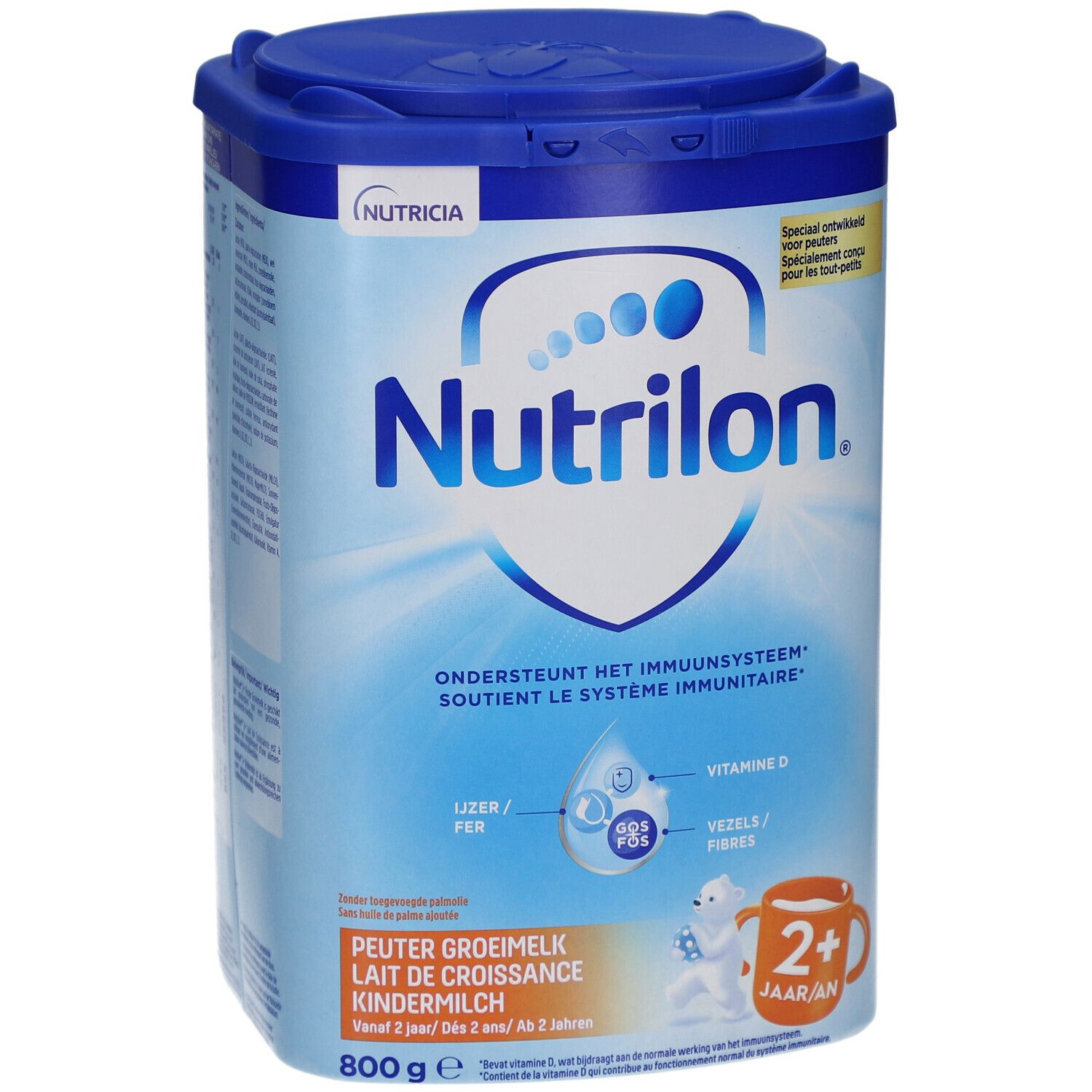 Blauwe Dose Nutrilon 2+ Lait Croissance. Deckel, Logo, Text. 800g. Unterstützt das Immunsystem.