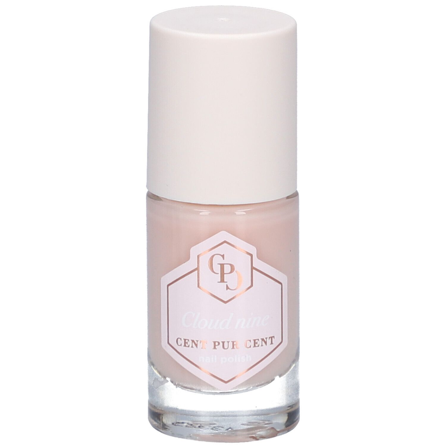 Flacon de vernis à ongles rose clair avec bouchon blanc. L'étiquette indique "Cloud nine CENT PUR CENT".
