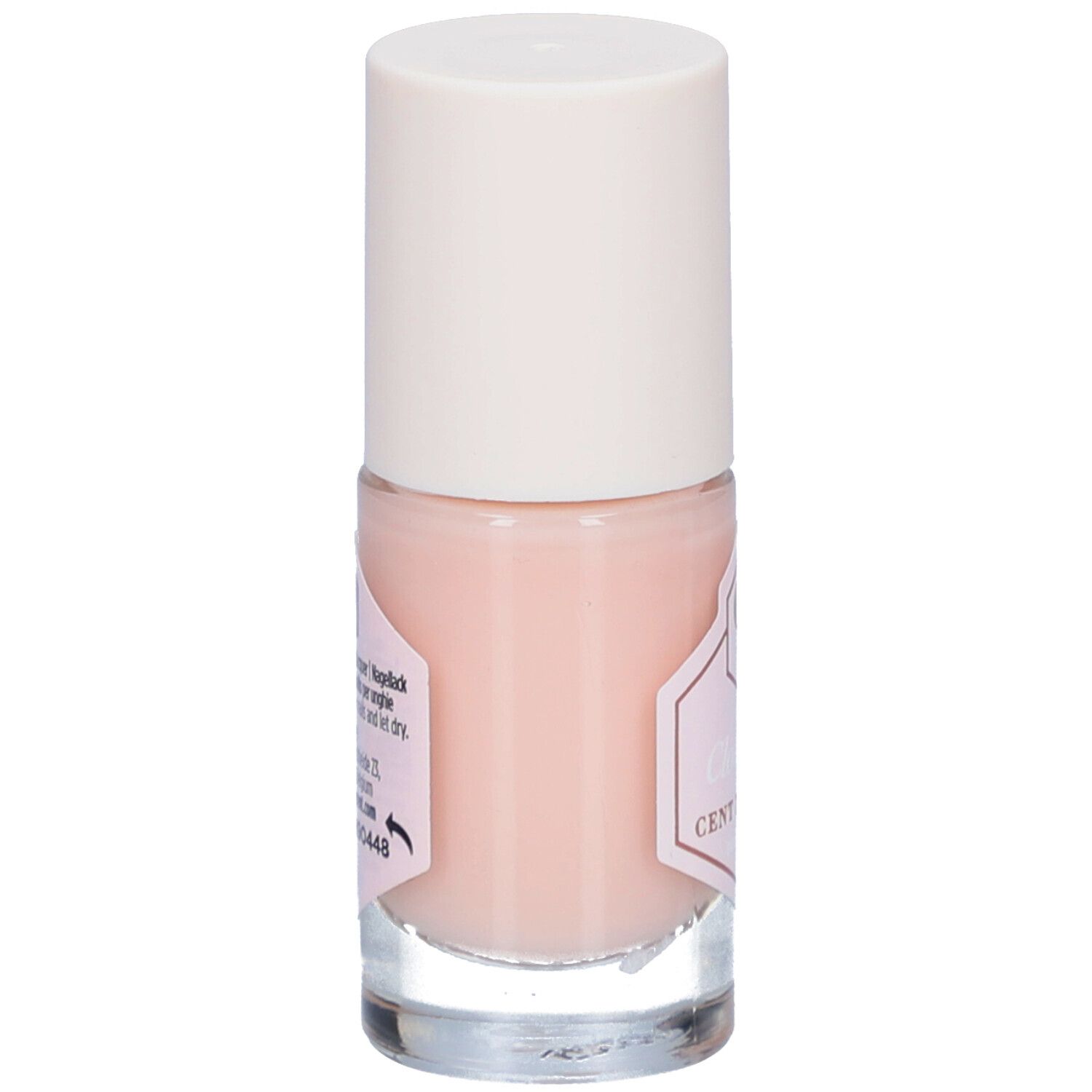 Vue arrière du flacon de vernis à ongles. Contenu rose, bouchon blanc. Étiquette avec texte, dont "Cloud nine".