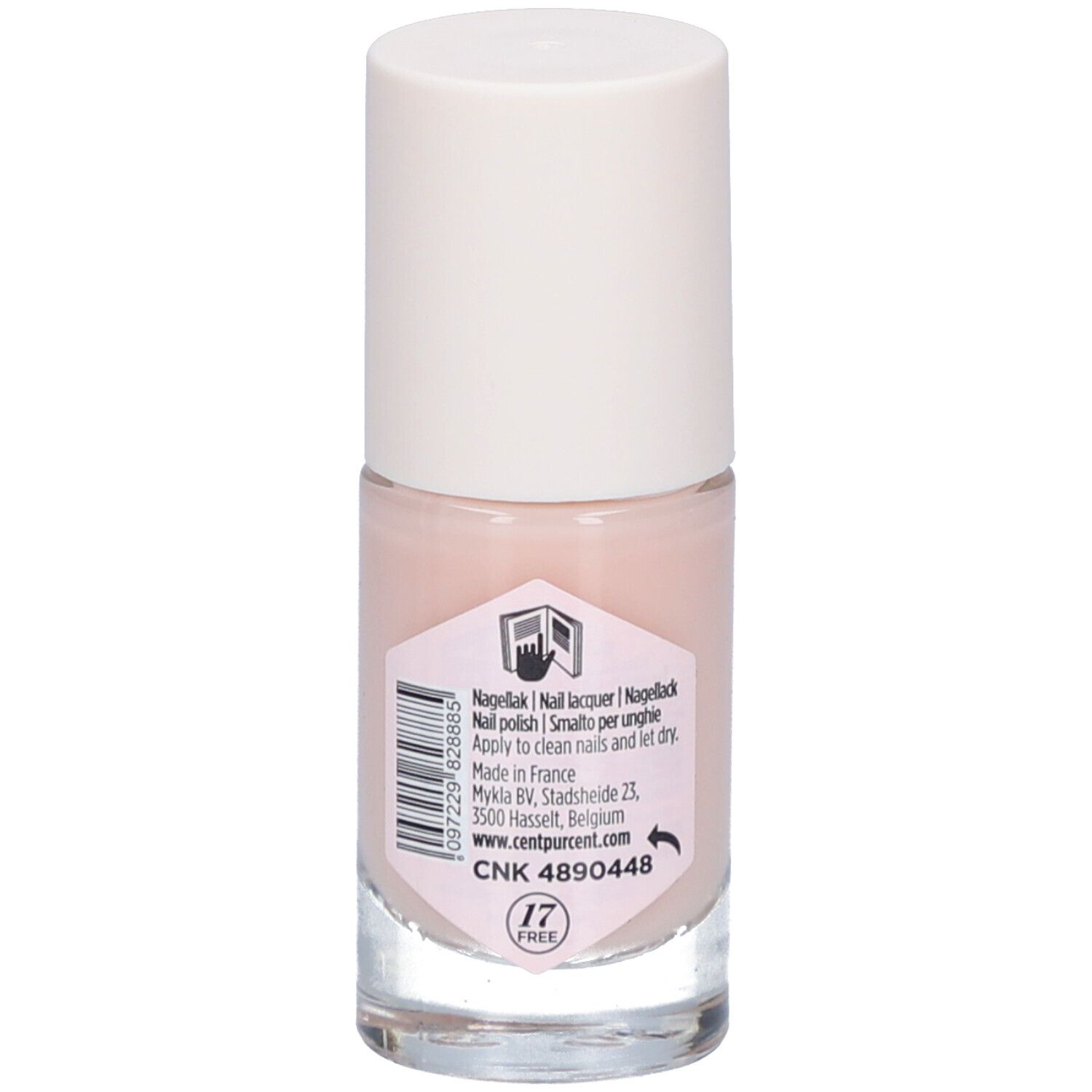 Vue arrière du flacon de vernis à ongles. Contenu rose, bouchon blanc. Étiquette avec texte et code-barres. Logo "17 FREE".