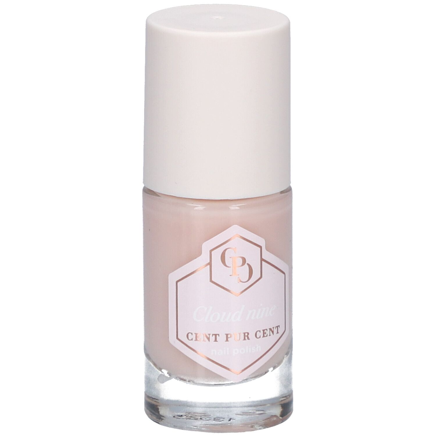 Flacon de vernis à ongles rose clair avec bouchon blanc. L'étiquette indique "Cloud nine CENT PUR CENT".