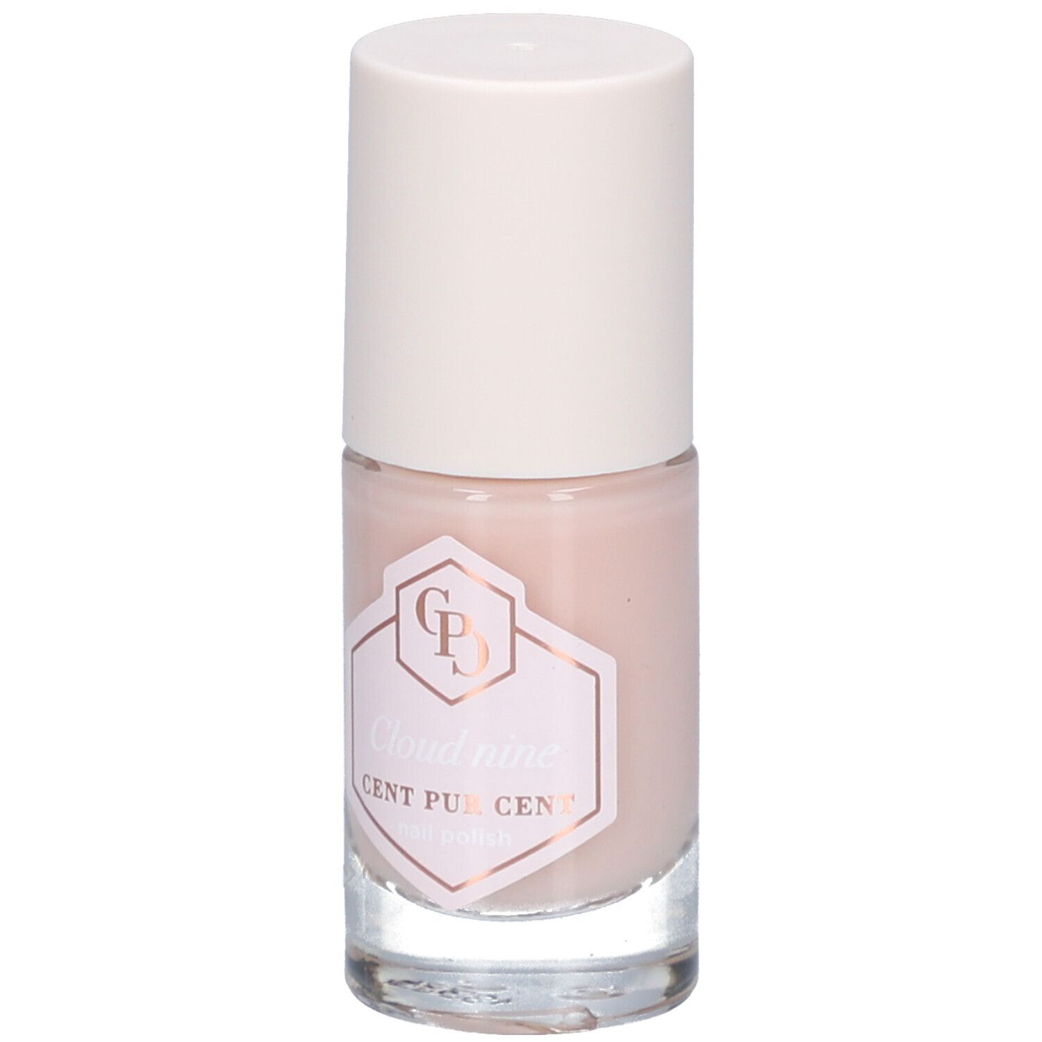 Flacon de vernis à ongles rose clair avec bouchon blanc. L'étiquette indique "Cloud nine CENT PUR CENT".