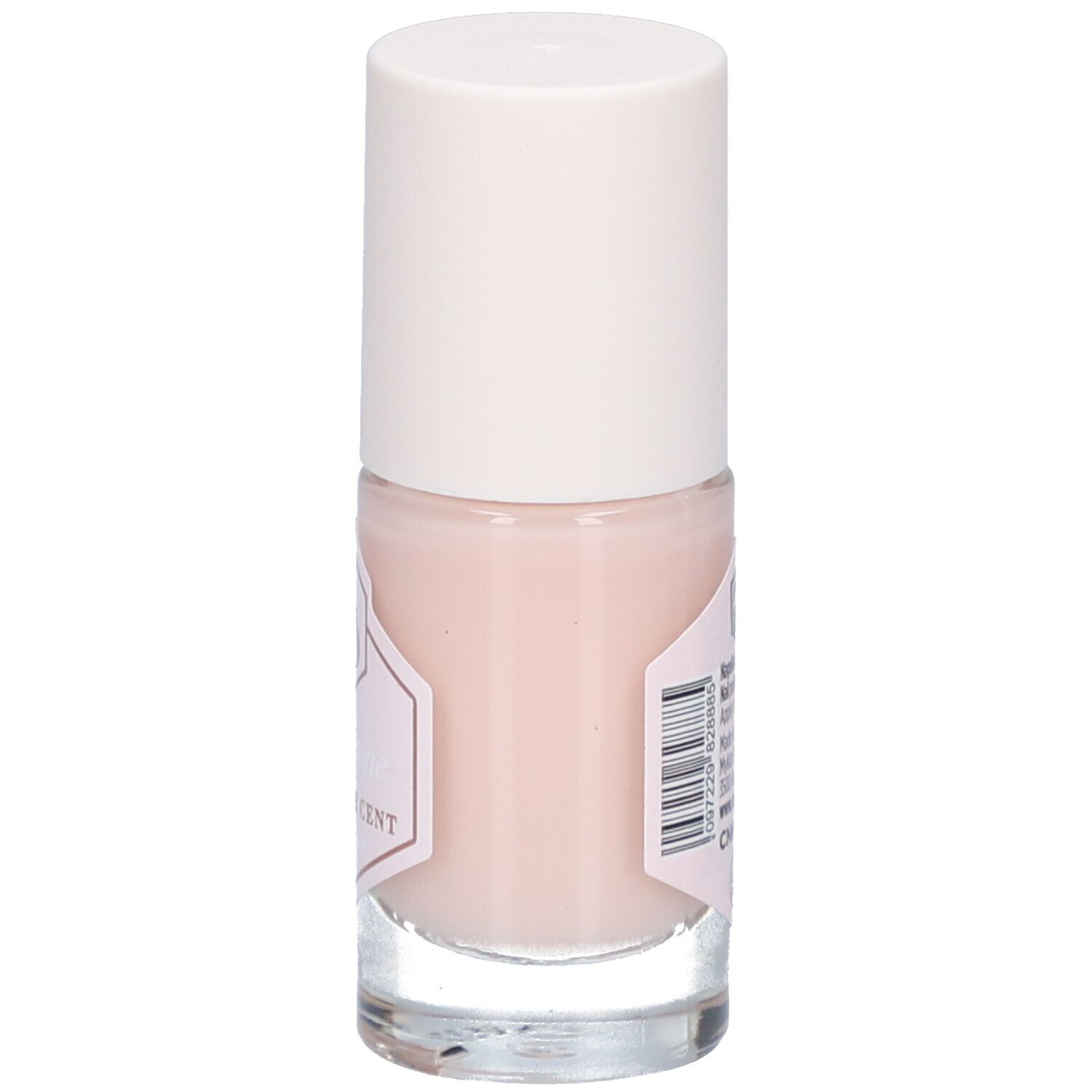 Vue arrière du flacon de vernis à ongles. Contenu rose, bouchon blanc. Étiquette avec texte et code-barres.
