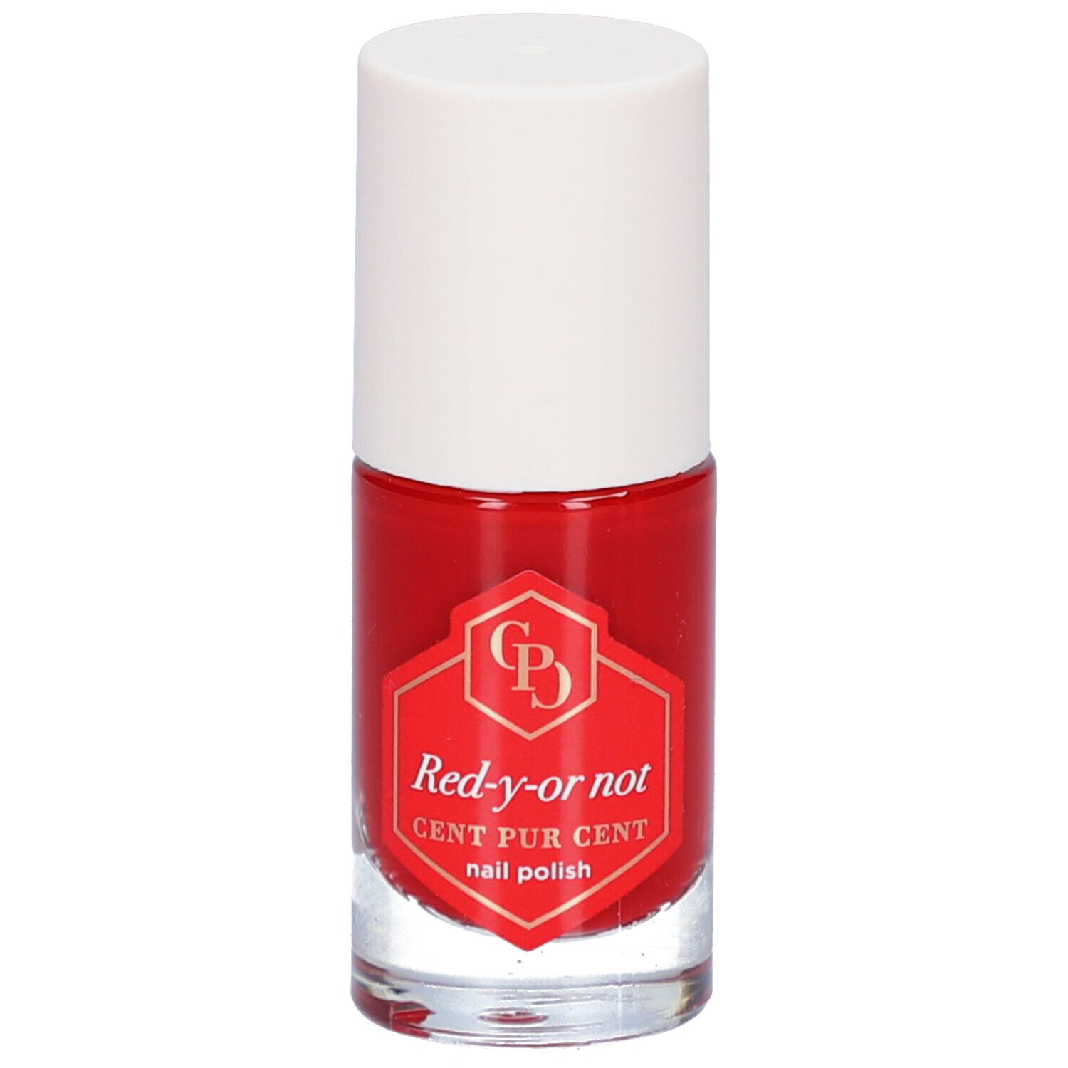 Roter Nagellackflakon mit weißem Deckel. Aufkleber mit Produktnamen und Logo.