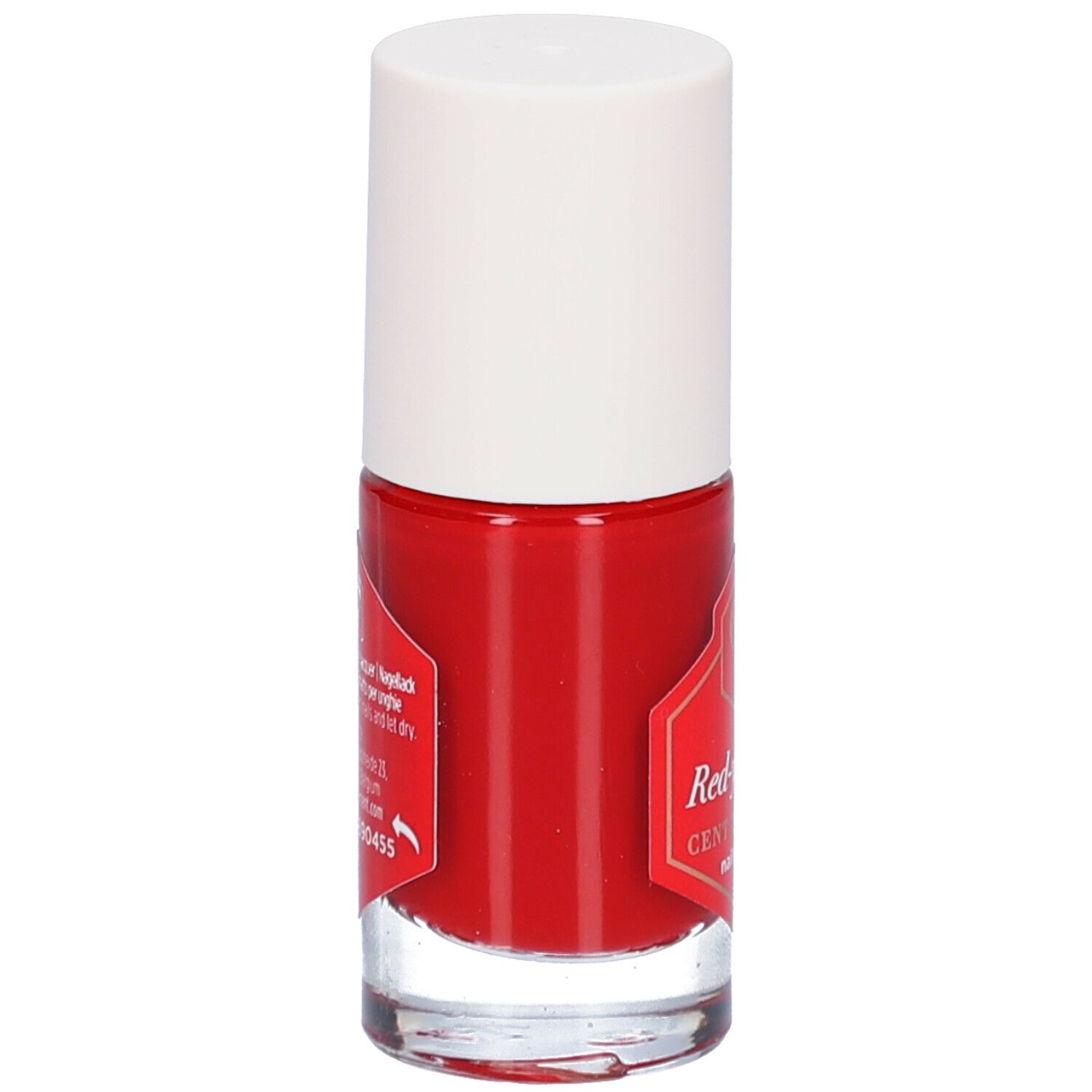 Roter Nagellackflakon mit weißem Deckel. Aufkleber mit Produktinformationen.