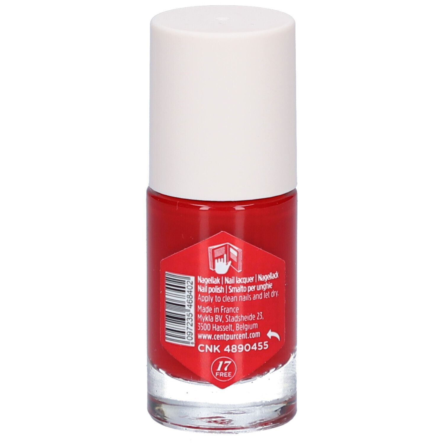 Roter Nagellackflakon mit weißem Deckel. Rückseite mit Produktinformationen und Barcode.
