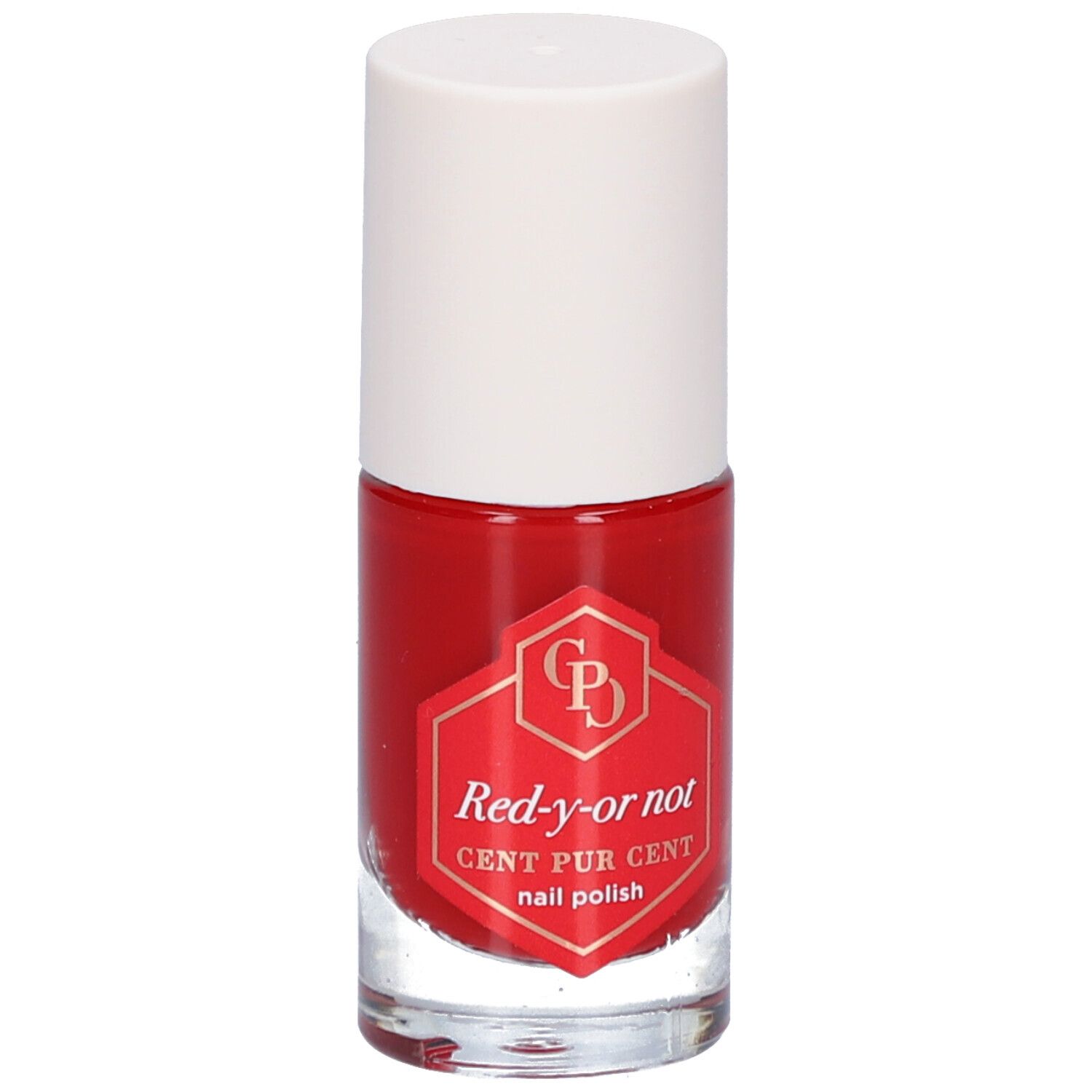 Roter Nagellackflakon mit weißem Deckel. Aufkleber mit Produktnamen und Logo.