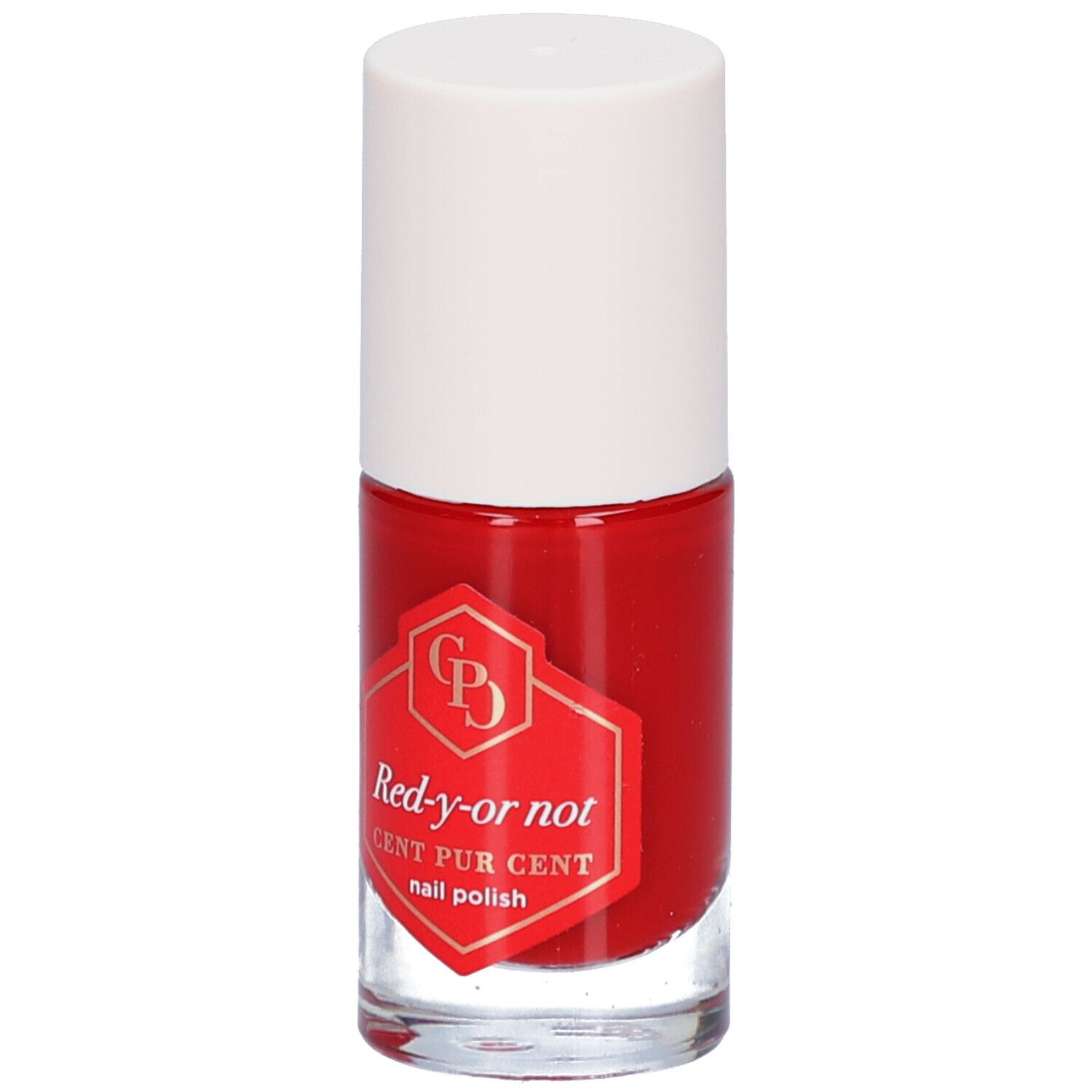 Roter Nagellackflakon mit weißem Deckel. Aufkleber mit Produktnamen und Logo.