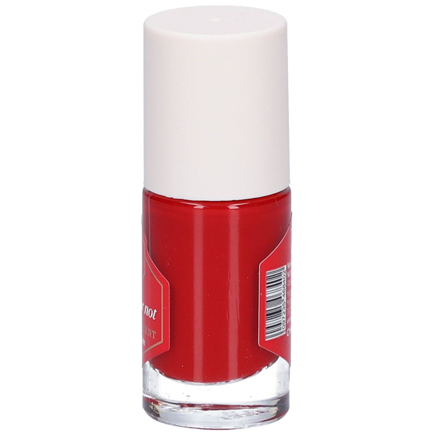 Roter Nagellackflakon mit weißem Deckel. Aufkleber mit Produktinformationen und Barcode.