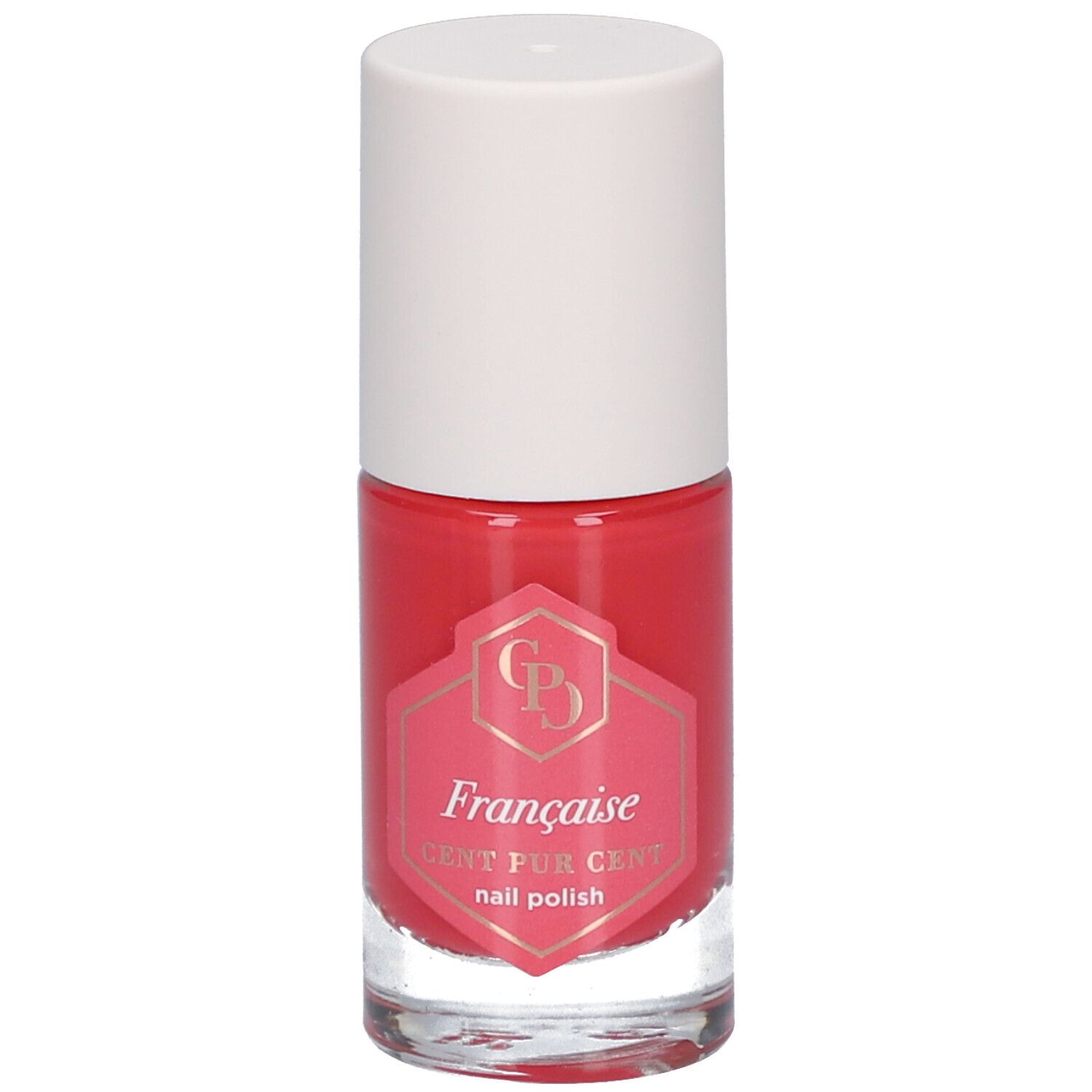 Nagellackflasche mit roter Flüssigkeit und weißem Deckel. Aufkleber mit Logo und Schriftzug: Française, CENT PUR CENT nail polish.
