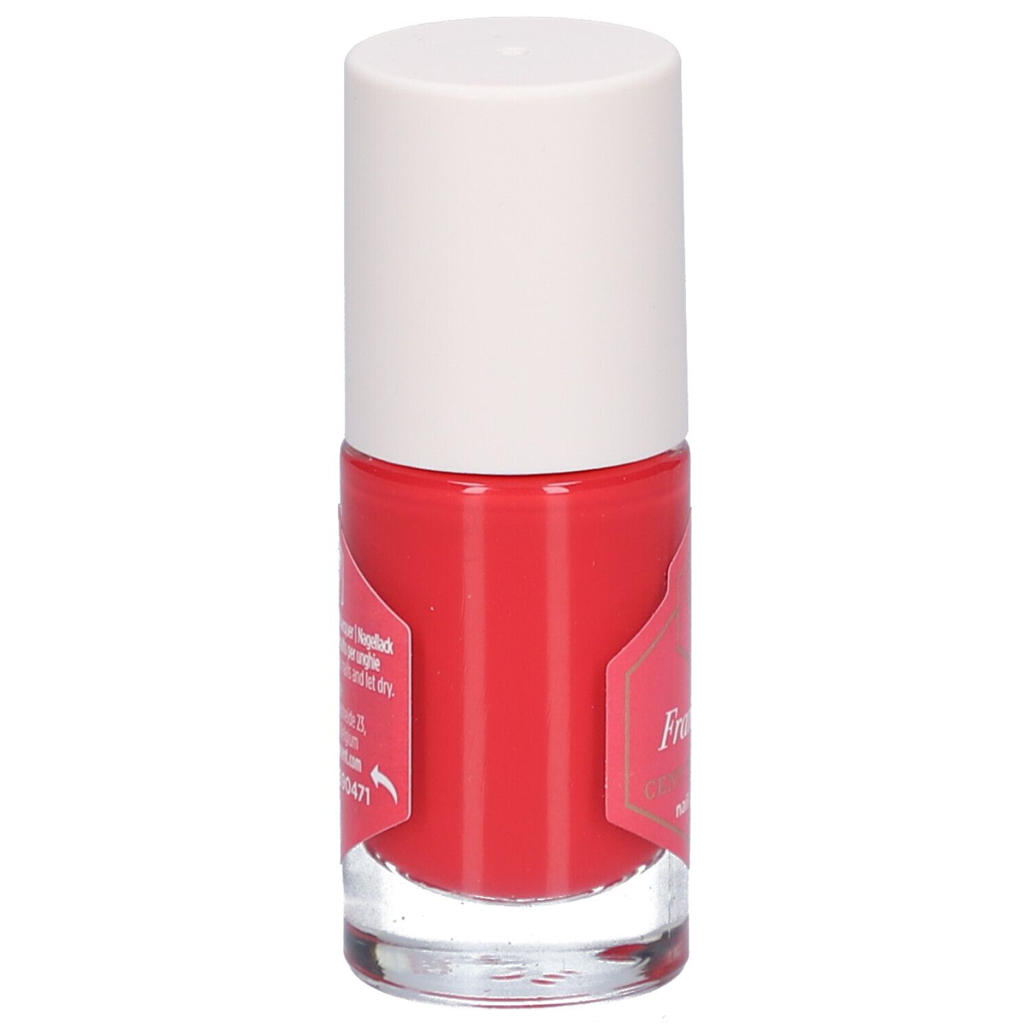 Nagellackflasche mit roter Flüssigkeit und weißem Deckel. Aufkleber mit Text und Logo. Rückseite mit Text und Barcode.