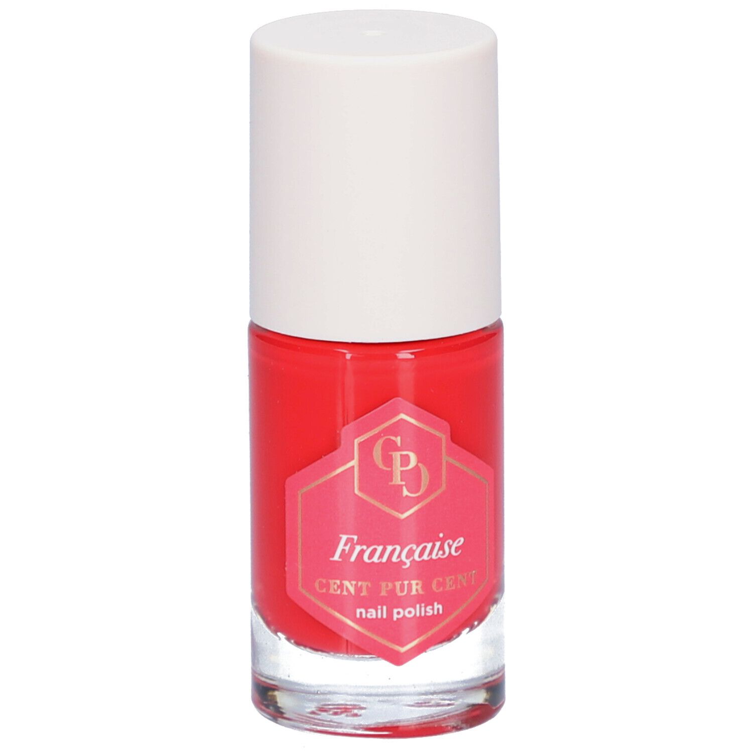 Nagellackflasche mit roter Flüssigkeit und weißem Deckel. Aufkleber mit Logo und Schriftzug: Française, CENT PUR CENT nail polish.