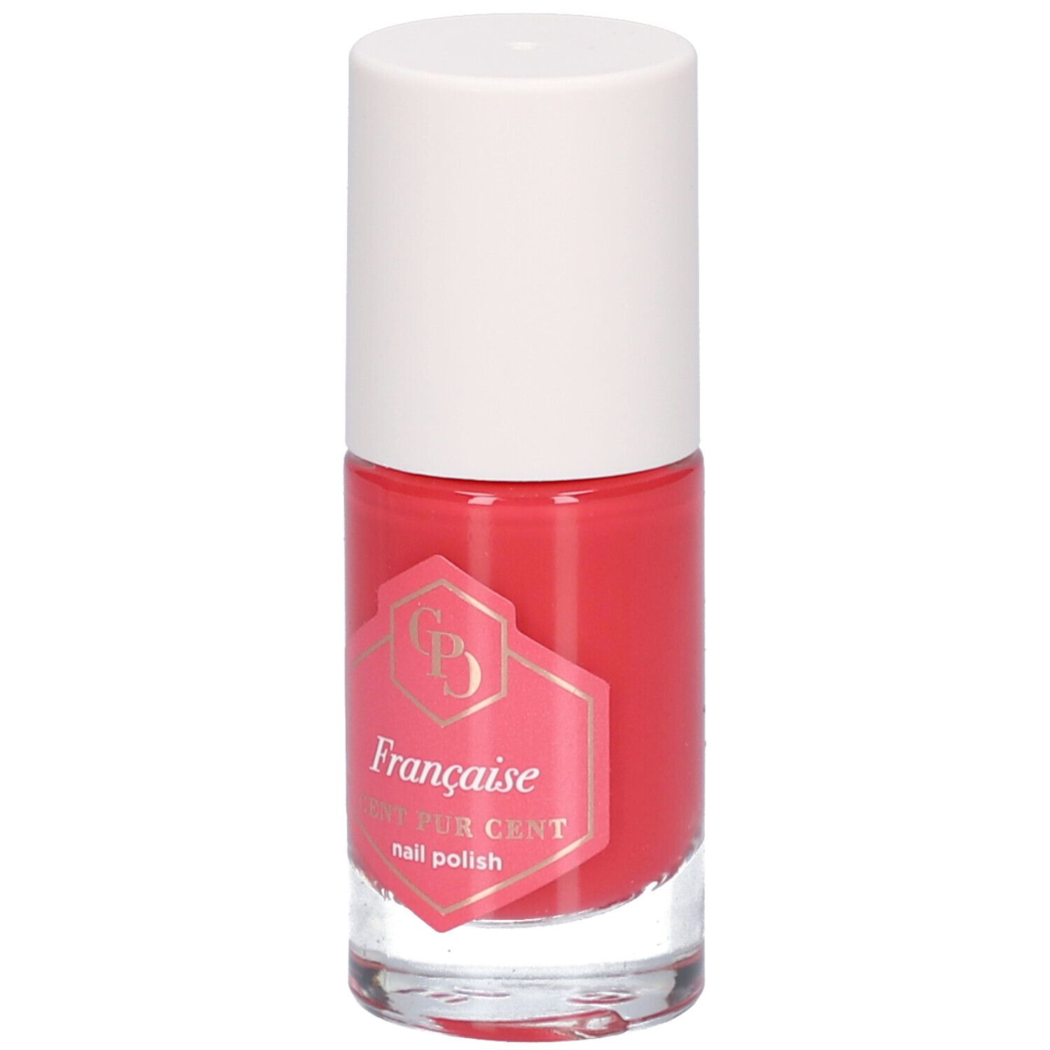 Nagellackflasche mit roter Flüssigkeit und weißem Deckel. Aufkleber mit Logo und Schriftzug: Française, CENT PUR CENT nail polish.