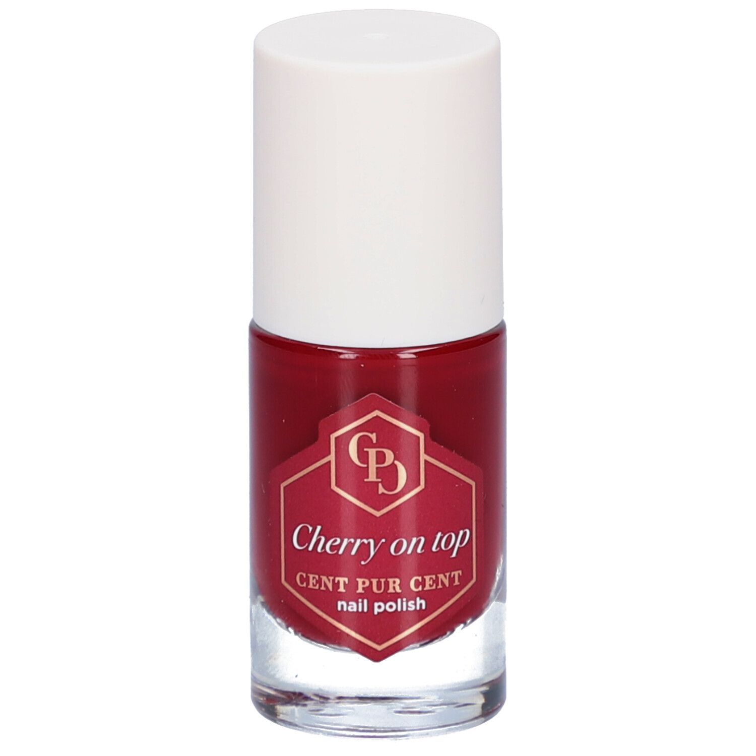 Nagellackflasche mit rotem Lack und weißem Deckel. Auf dem Etikett steht "Cherry on top" und "CENT PUR CENT nail polish".