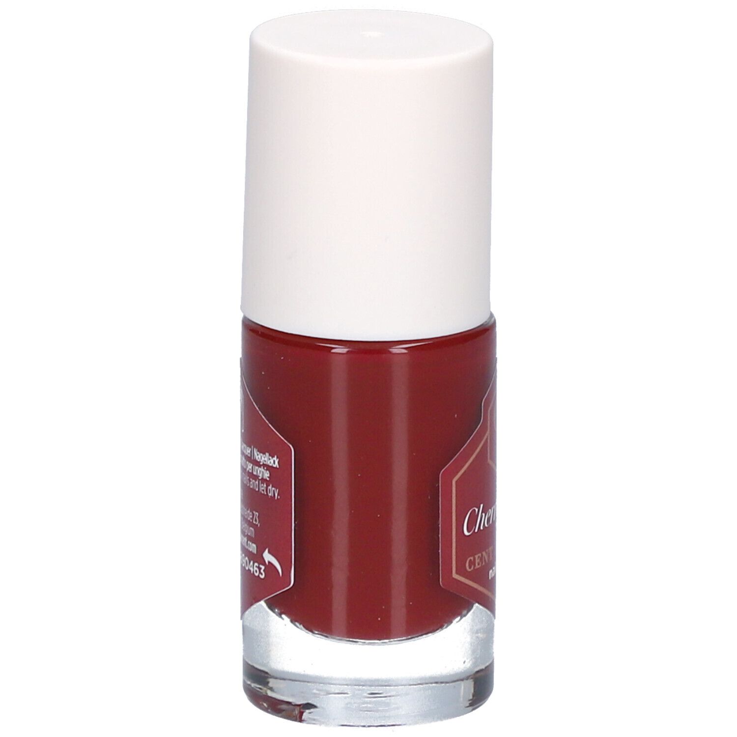 Nagellackflasche mit rotem Lack und weißem Deckel. Auf dem Etikett sind Informationen und ein Barcode zu sehen.