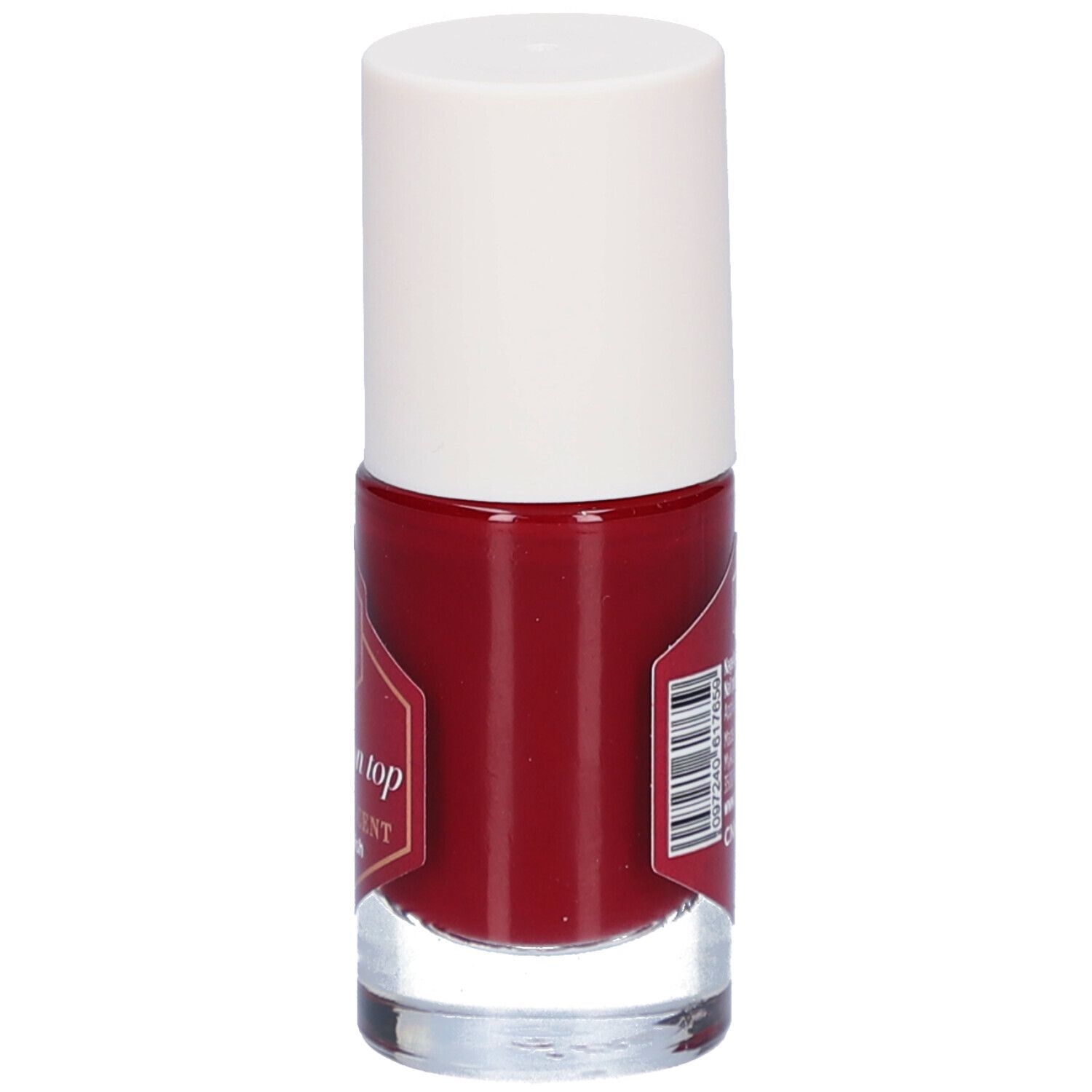 Nagellackflasche mit rotem Lack und weißem Deckel. Auf dem Etikett sind Informationen und ein Barcode zu sehen.