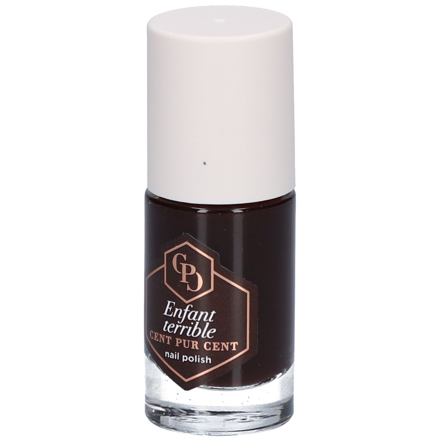 Nagellackflasche mit braunem Lack und weißem Deckel. Aufschrift: Enfant terrible, Cent Pur Cent.