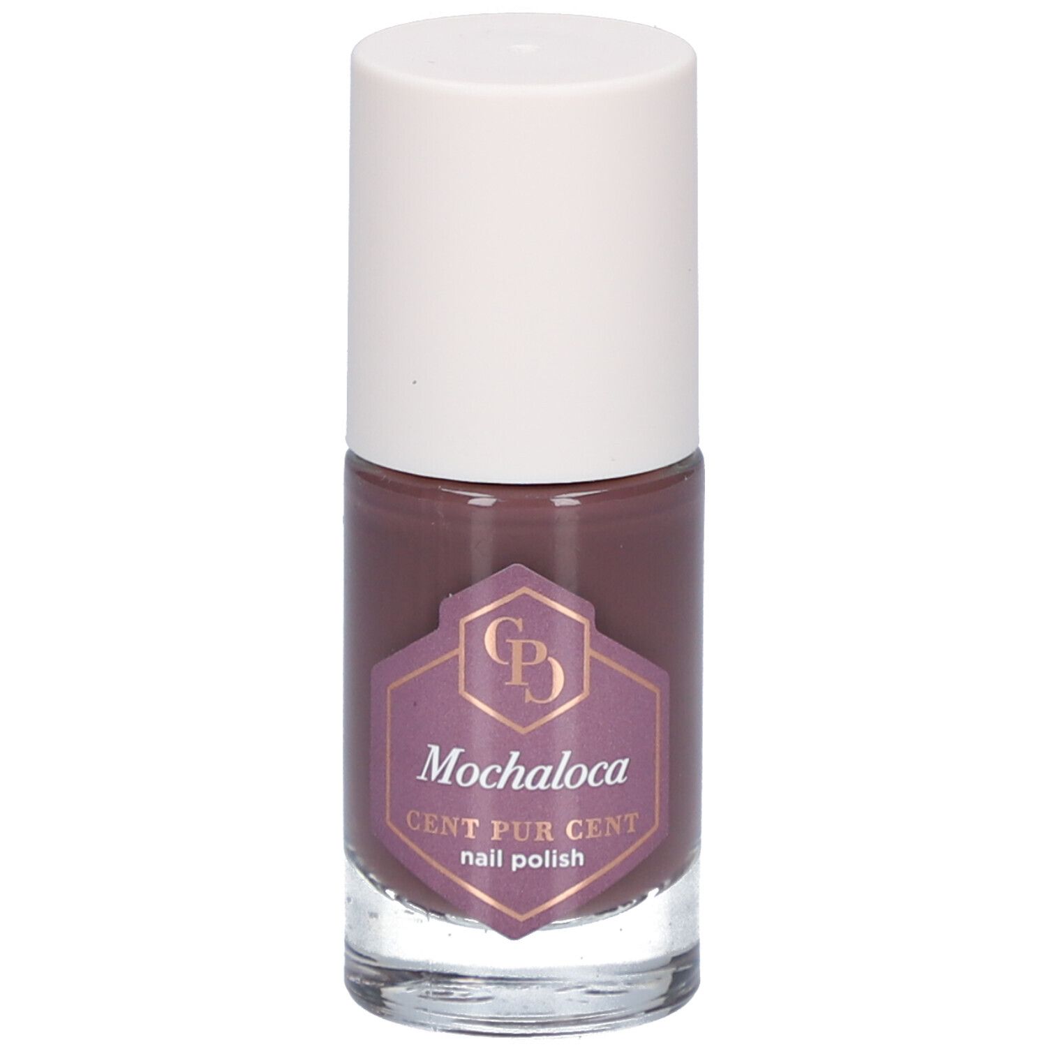 Nagellackflasche mit braunem Inhalt und weißem Deckel. Aufkleber mit Produktnamen Mochaloca und Marke Cent Pur Cent.