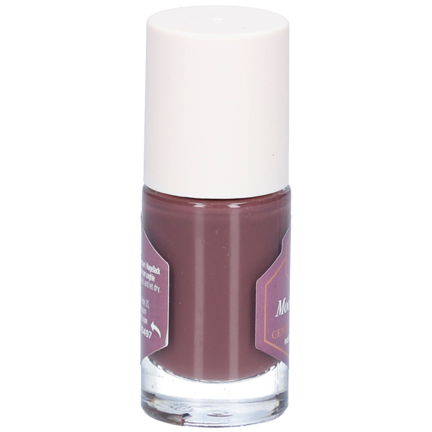 Nagellackflasche mit braunem Inhalt und weißem Deckel. Aufkleber mit Produktinformationen und Marke Cent Pur Cent.