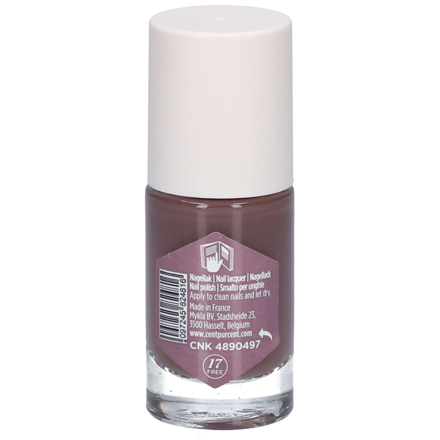 Rückseite einer Nagellackflasche. Aufkleber mit Produktinformationen, Inhaltsstoffen und Marke Cent Pur Cent.