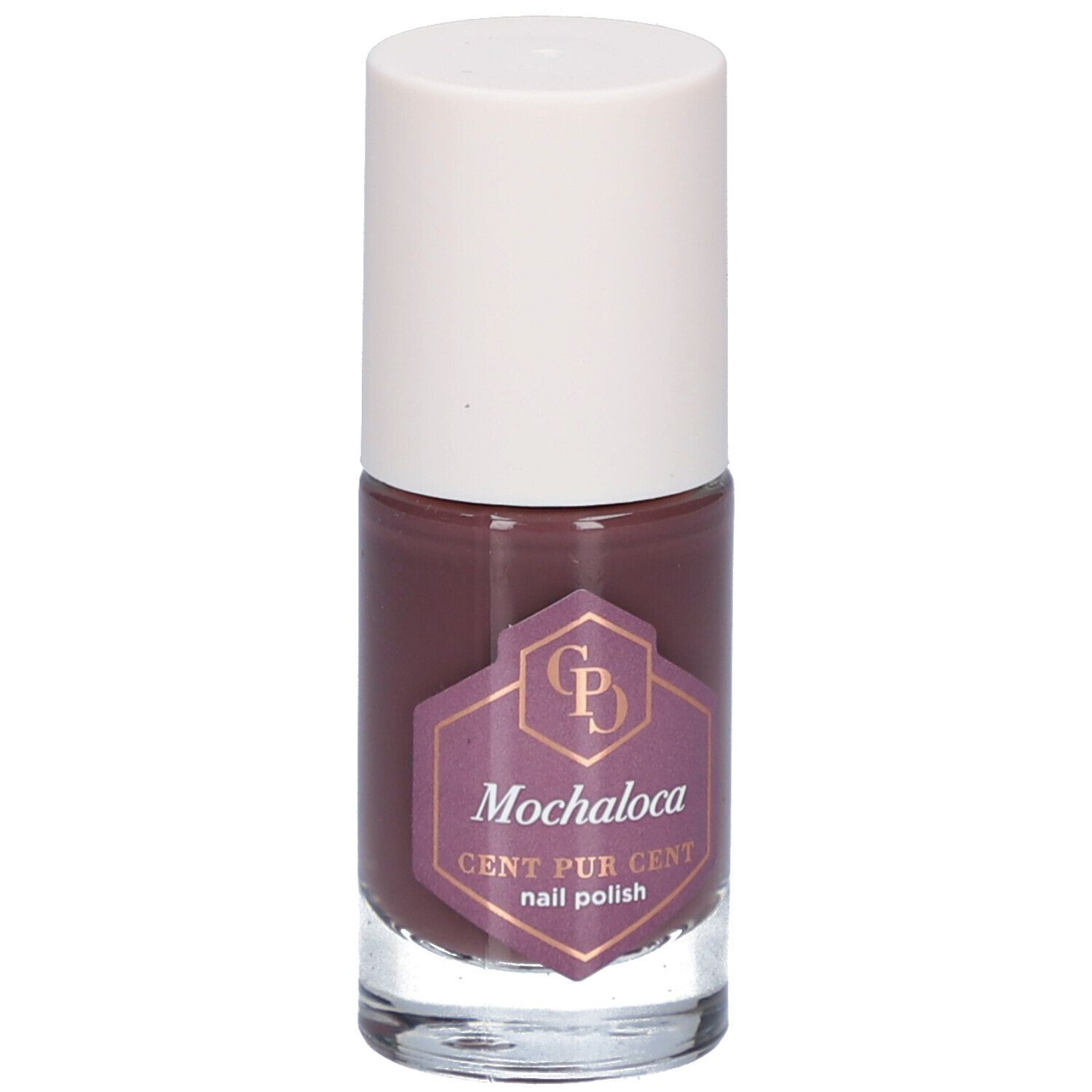 Nagellackflasche mit braunem Inhalt und weißem Deckel. Aufkleber mit Produktnamen Mochaloca und Marke Cent Pur Cent.