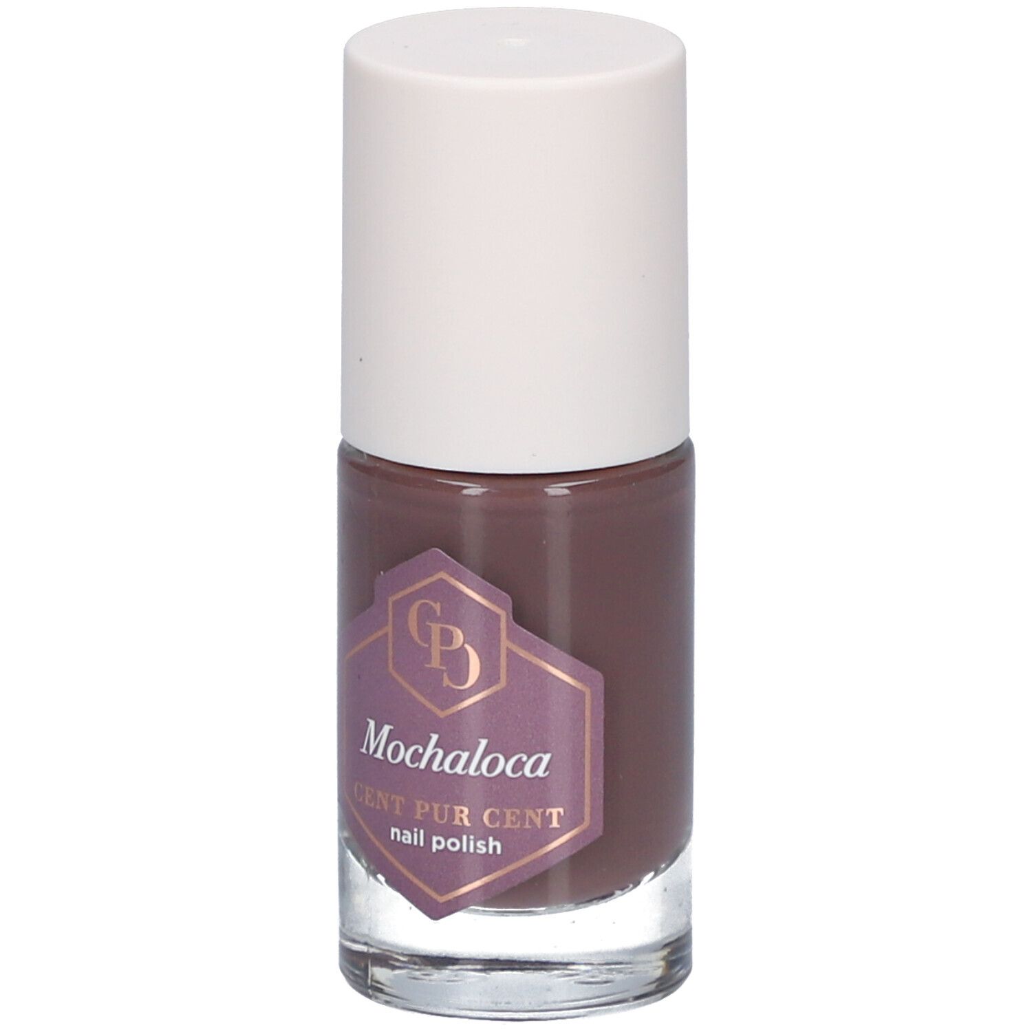 Nagellackflasche mit braunem Inhalt und weißem Deckel. Aufkleber mit Produktnamen Mochaloca und Marke Cent Pur Cent.