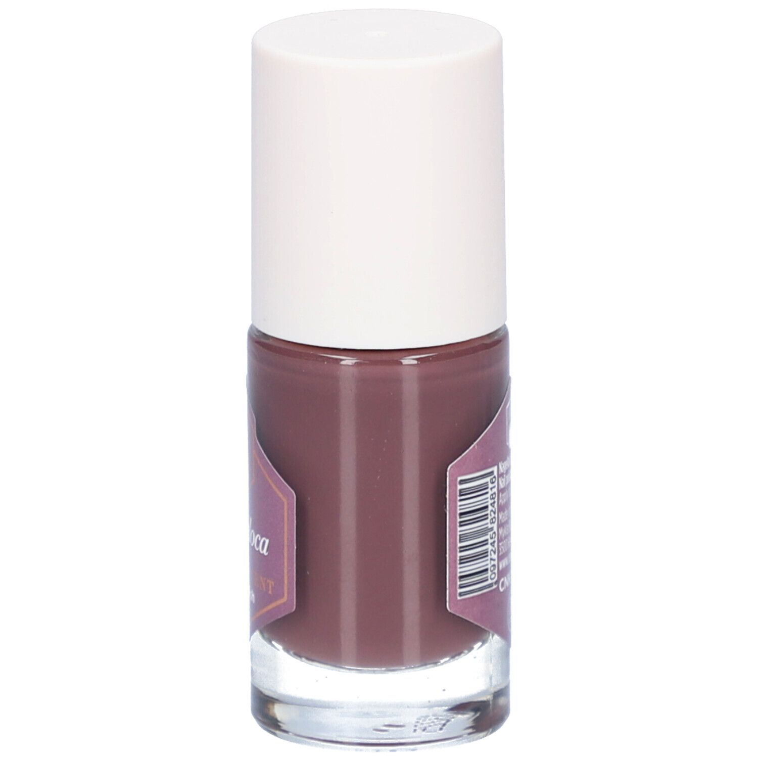 Nagellackflasche mit braunem Inhalt und weißem Deckel. Aufkleber mit Produktinformationen und Marke Cent Pur Cent.