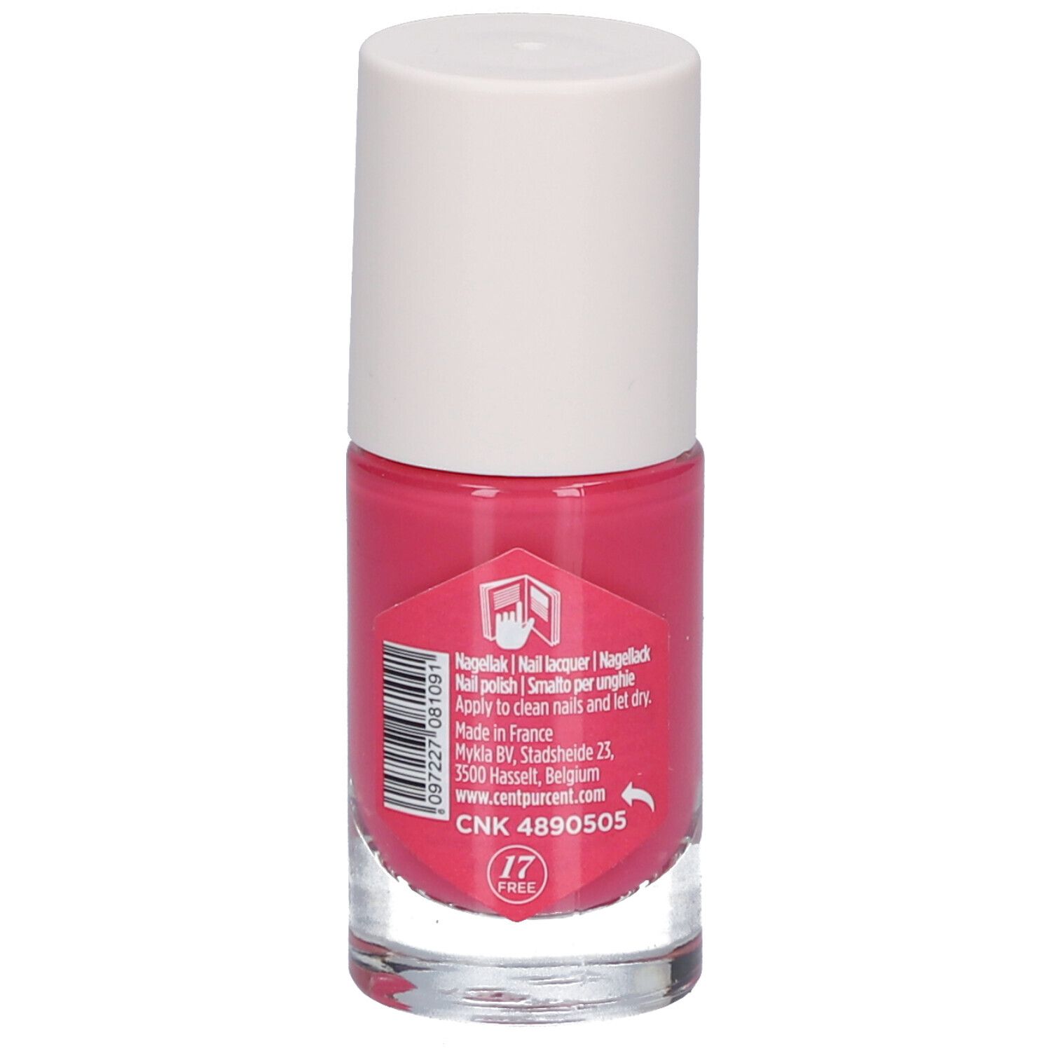 Nagellackflasche mit rosa Inhalt und weißem Deckel. Auf dem Etikett sind Informationen zur Anwendung und Inhaltsstoffe abgebildet.