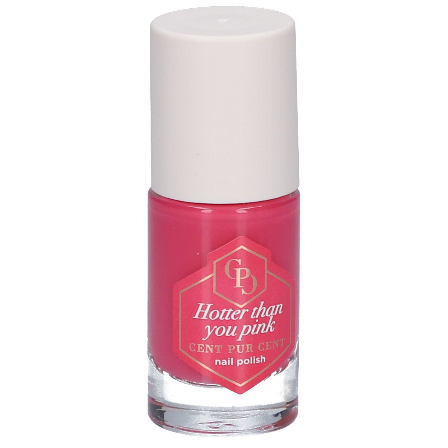 Nagellackflasche mit rosa Inhalt und weißem Deckel. Auf dem Etikett steht "Hotter than you pink" und "CENT PUR CENT nail polish".