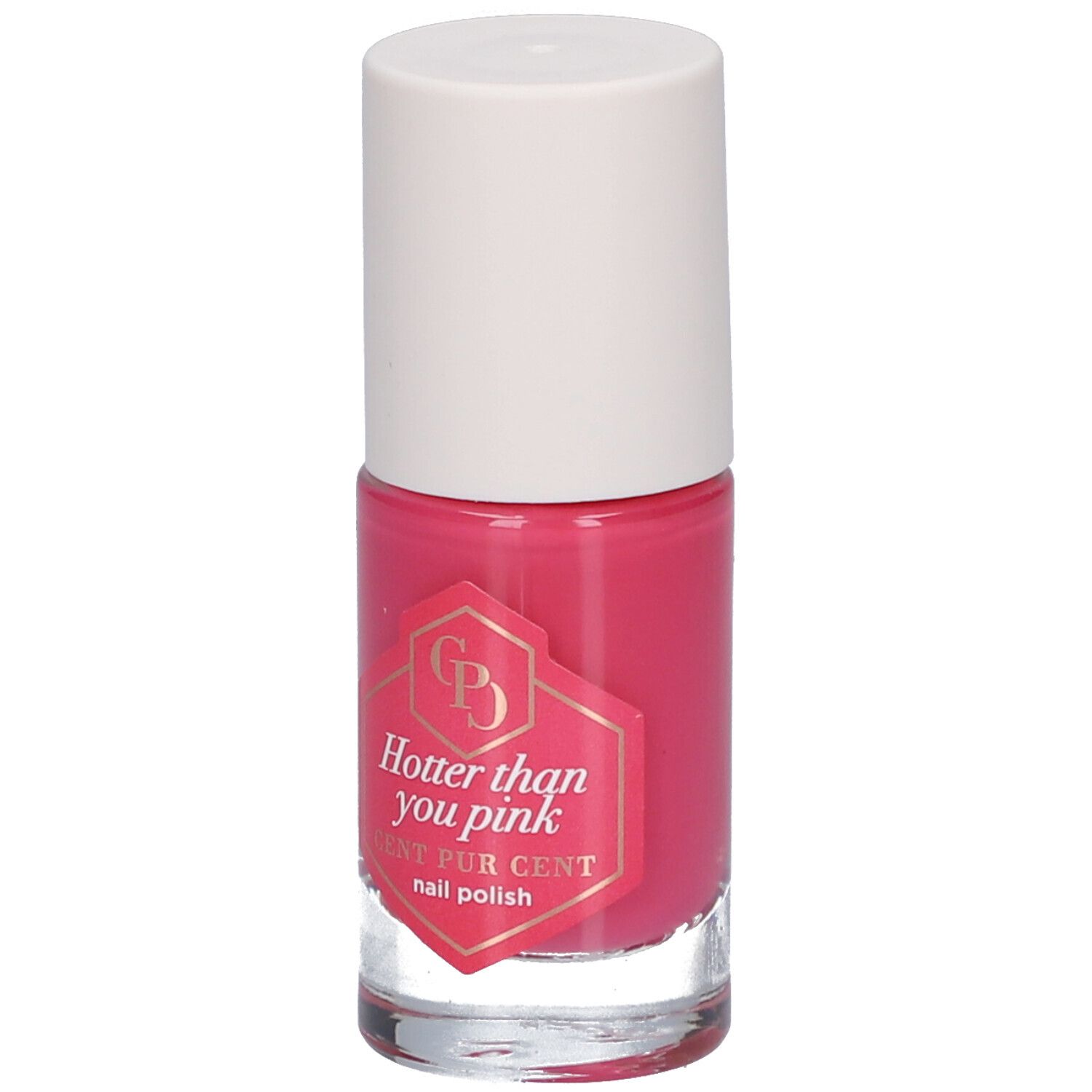 Nagellackflasche mit rosa Inhalt und weißem Deckel. Auf dem Etikett steht "Hotter than you pink" und "CENT PUR CENT nail polish".